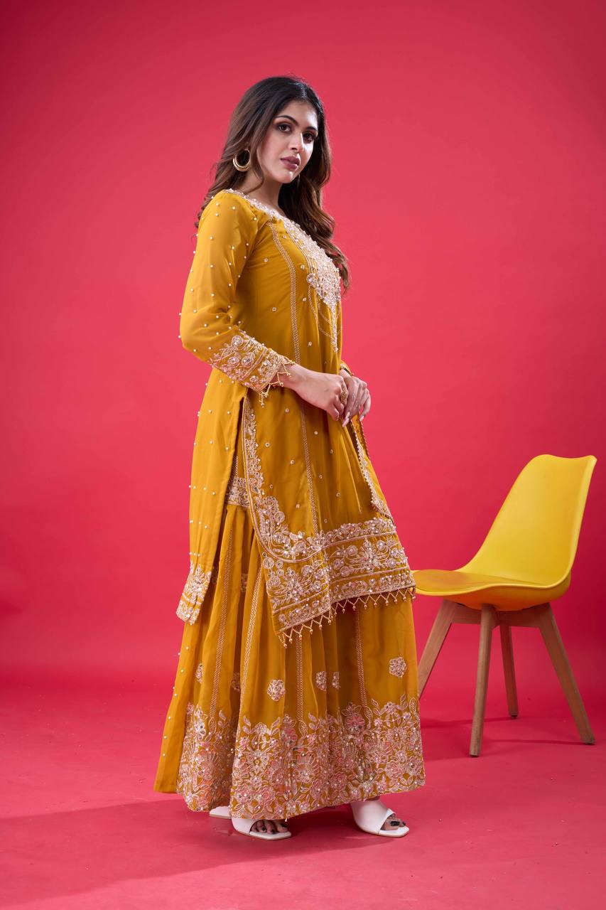 Designer Faux Georgette Top & Plazzo Set with Dupatta – Heavy Embroidery, Dori & Sequence Work