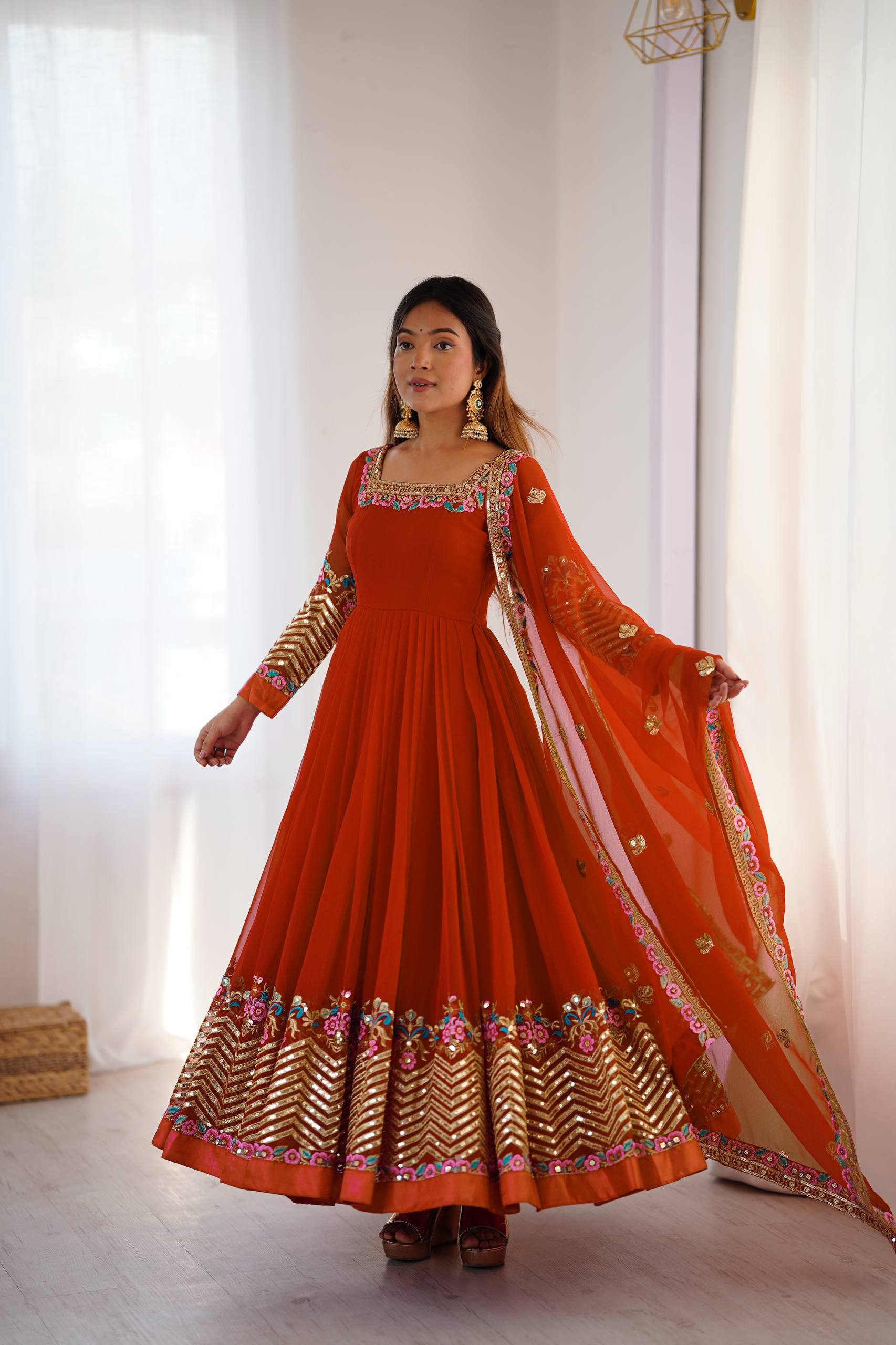 Designer Heavy Georgette Gown Set with Bottom & Dupatta – Multi Thread Embroidery & Sequence Work