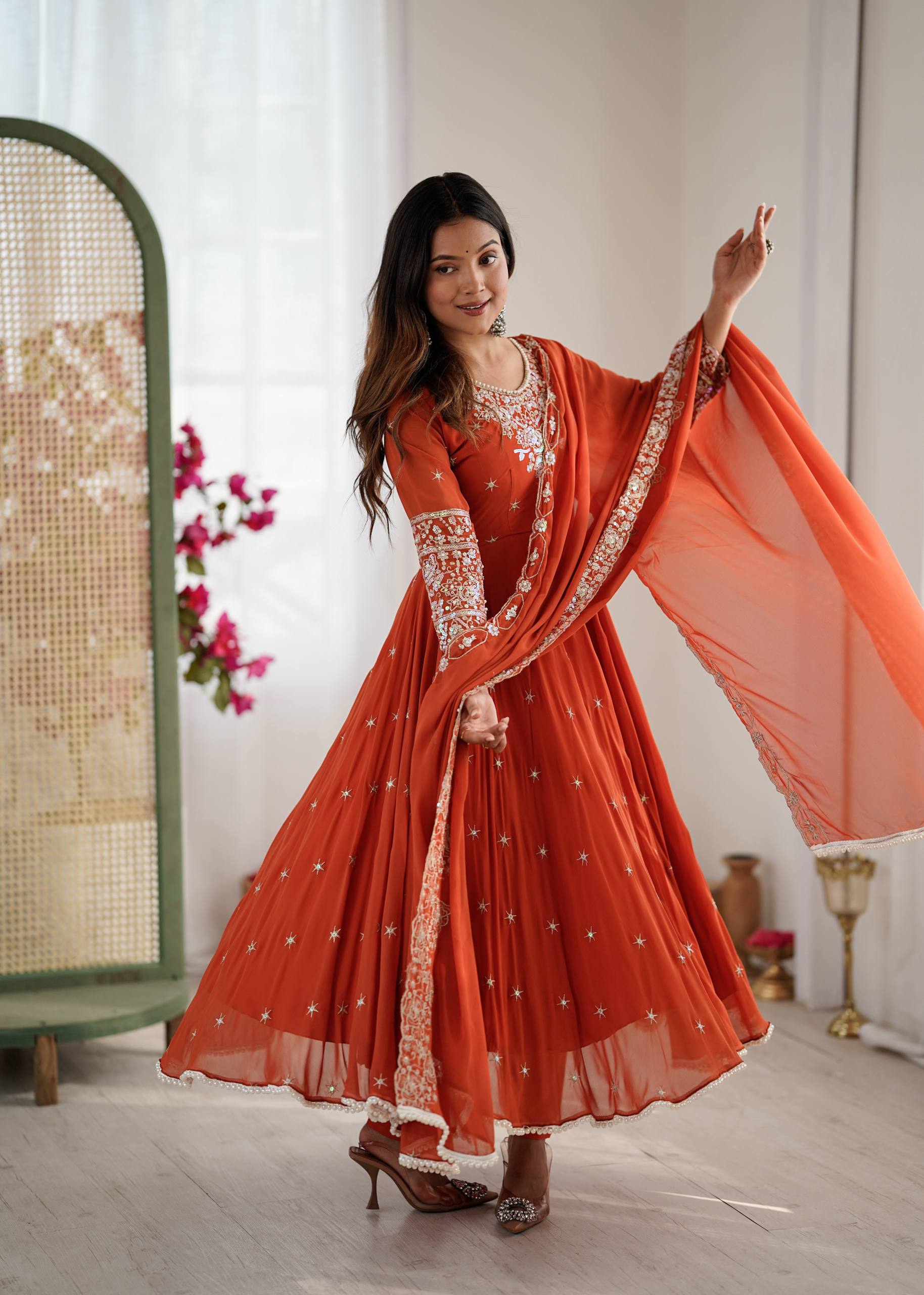 Anarkali Gown Set with Bottom & Dupatta – Heavy Embroidery, Rainbow Sequence & Moti Work