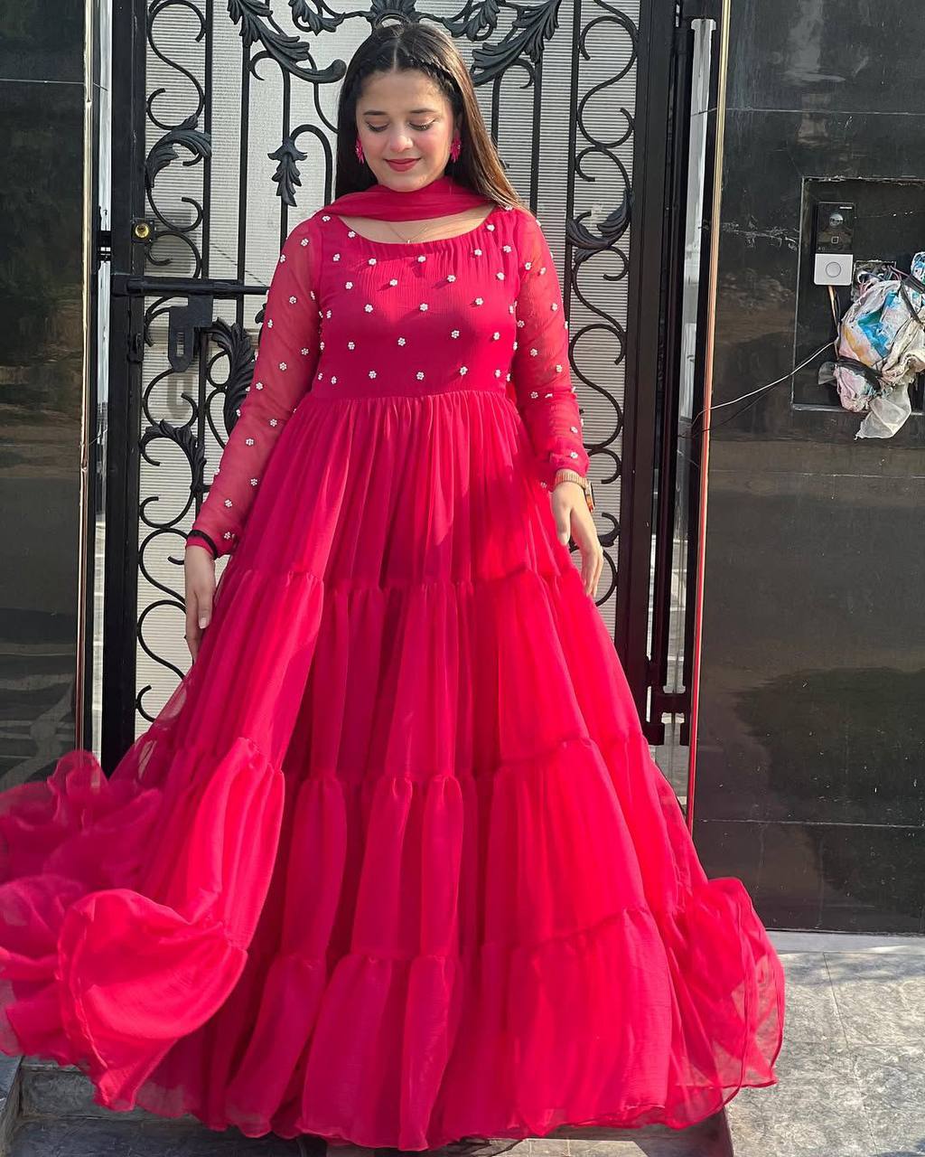 Exclusive 2-Piece Georgette Gown with Dupatta – Beads Work, Fully Stitched
