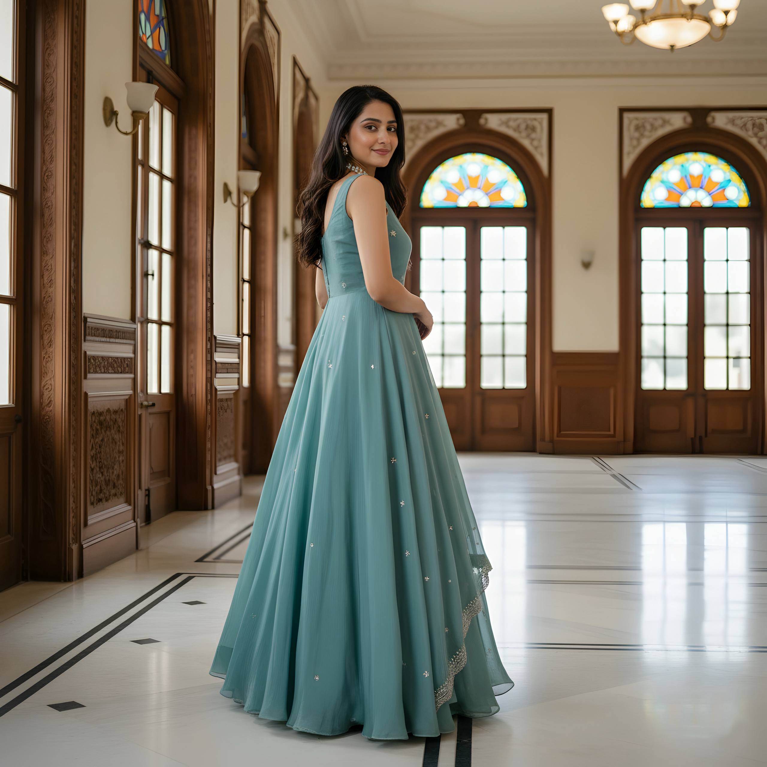 Modern Pastel Teal Anarkali Gown with Dupatta And Embroidery Work