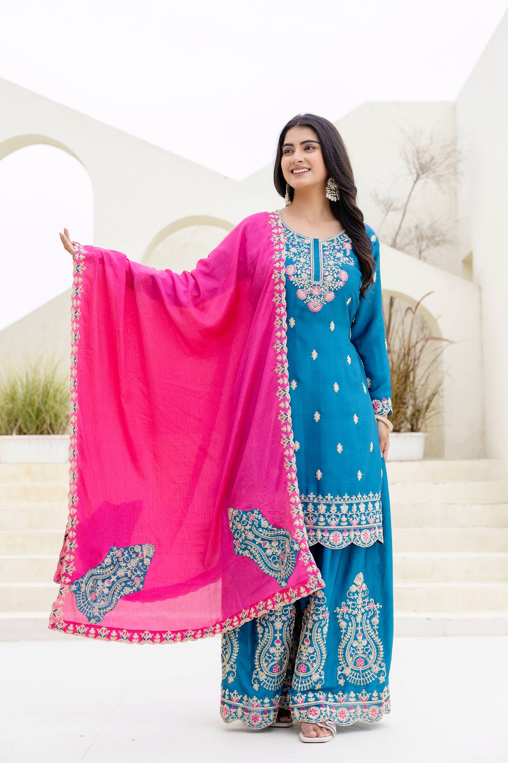 Women Ethnic Motifs Embroidered Kurta with Sharara & Dupatta