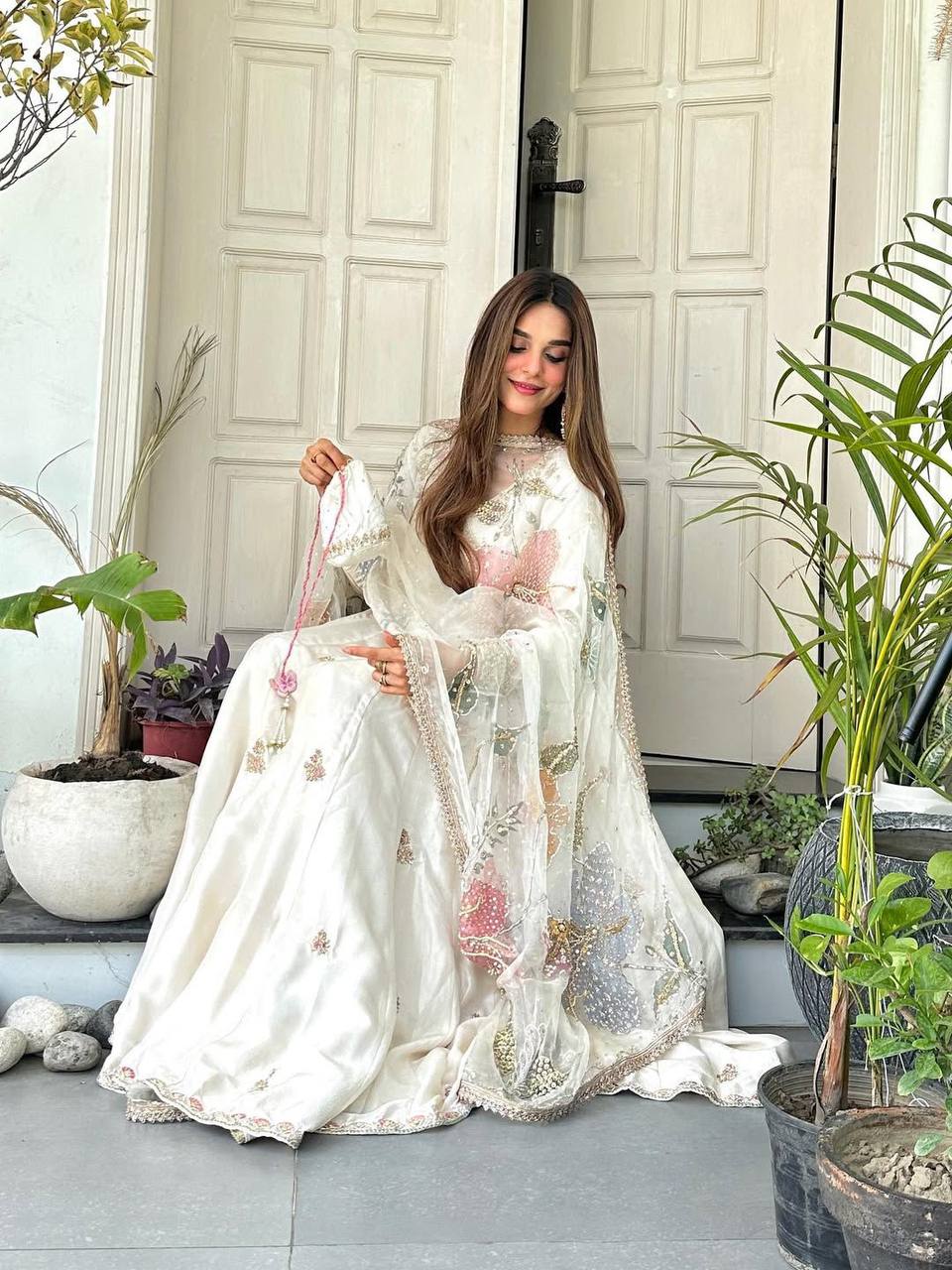 Off White Chinon Embroidery Lace Work Gown