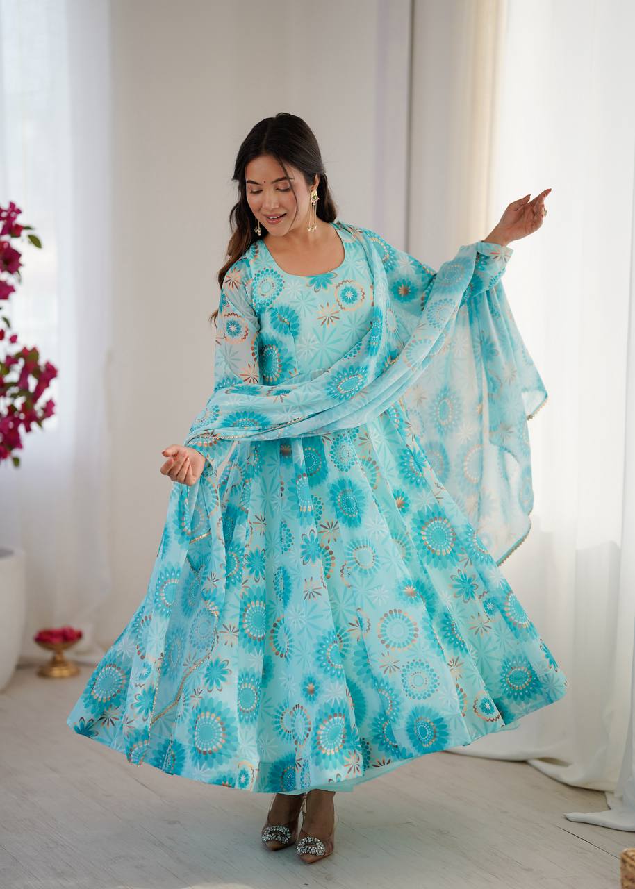 Womens Blue Printed Anarkali Kurta With Trousers & Dupatta
