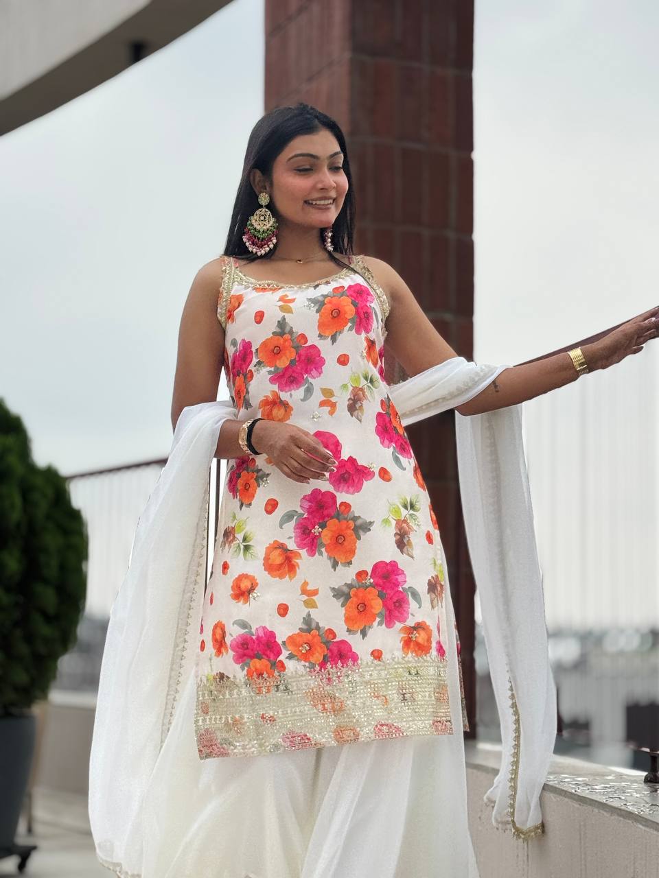 Exclusive  White Chinon Silk Kurti with Flared Plazzo and Lace Dupatta