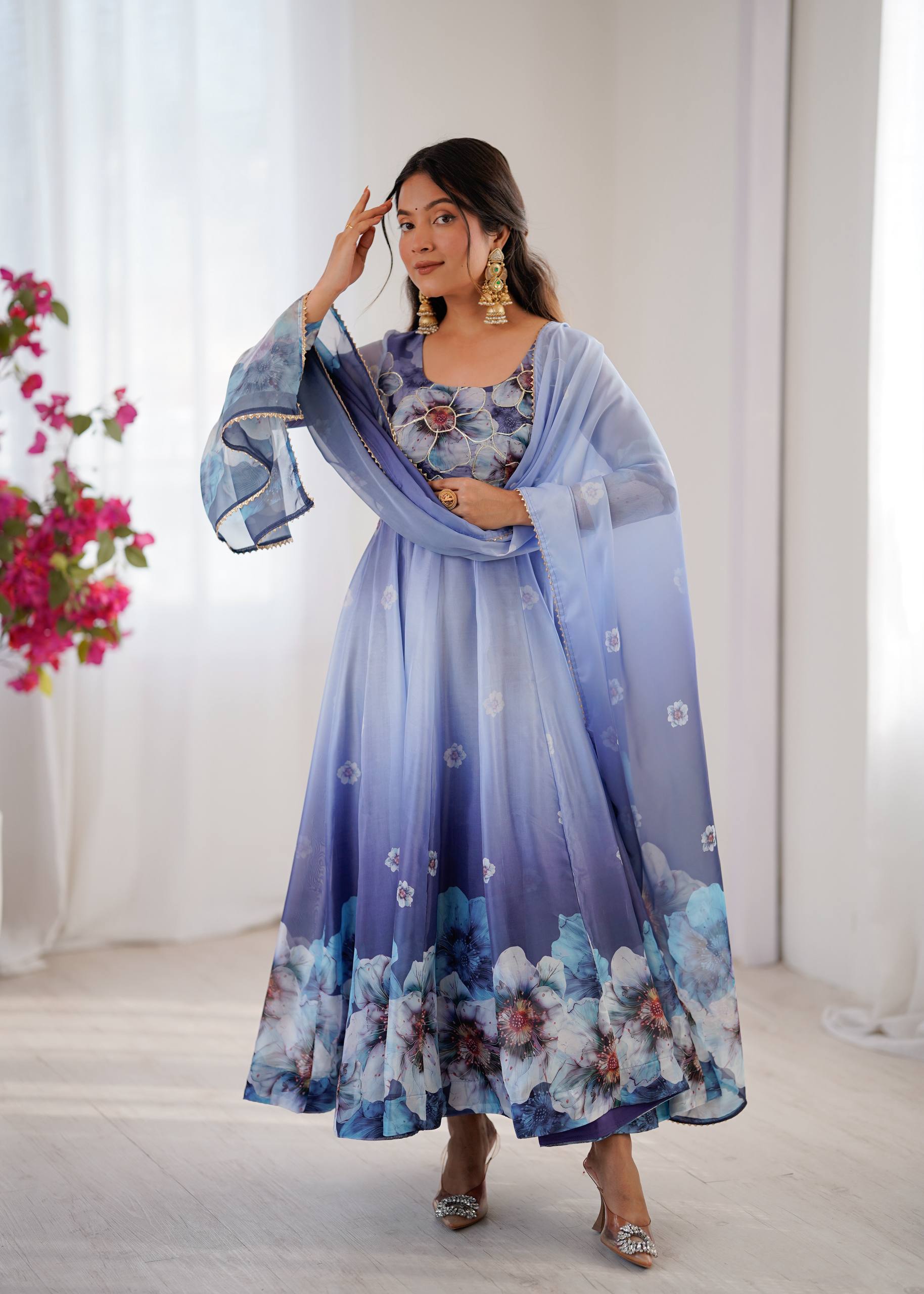 Organza Blue Festival Wear Digital Print Work Readymade Gown