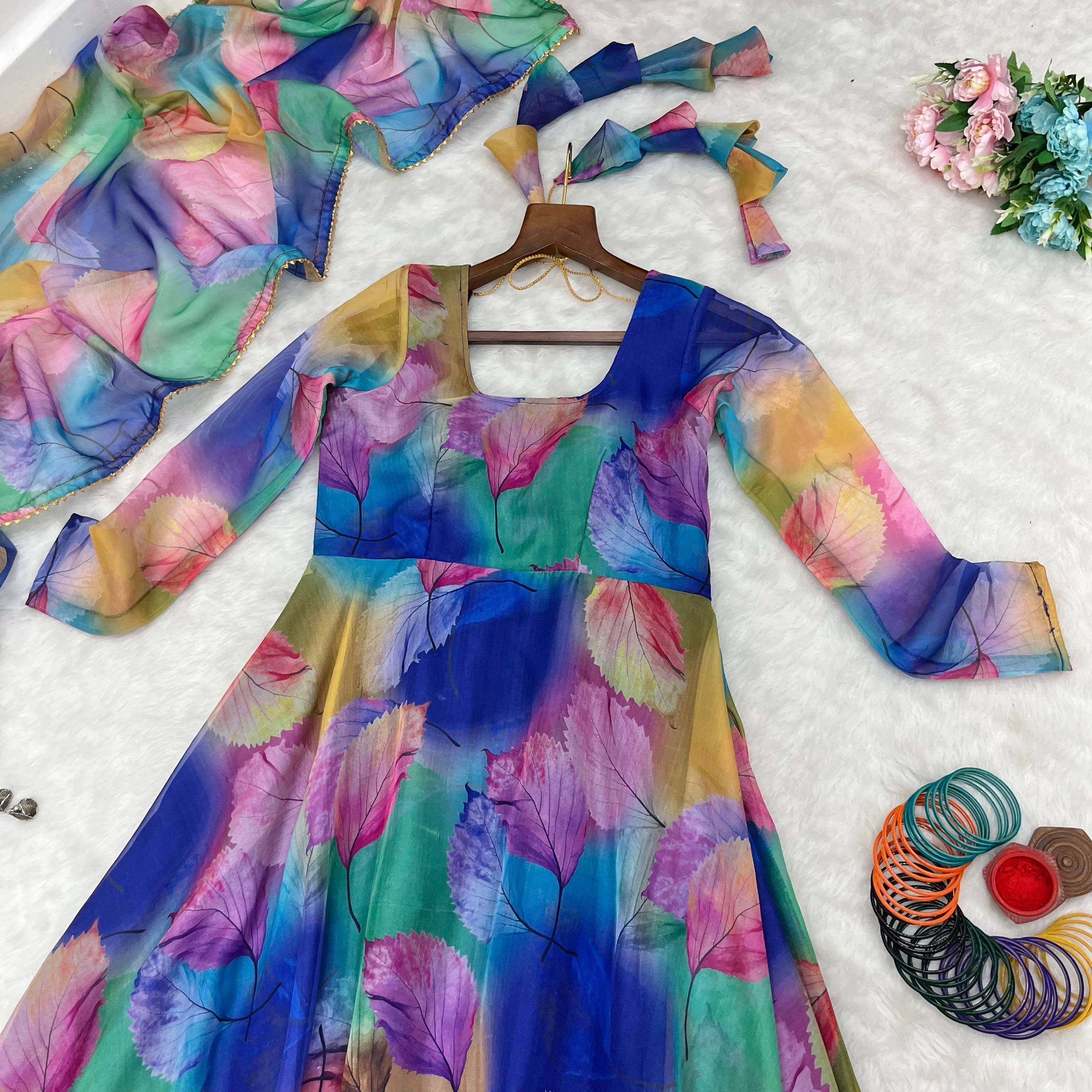 Women's Organza Anarkali Floral Printed Kurta Pent Set with Dupatta Set Anarkali Kurti for Women