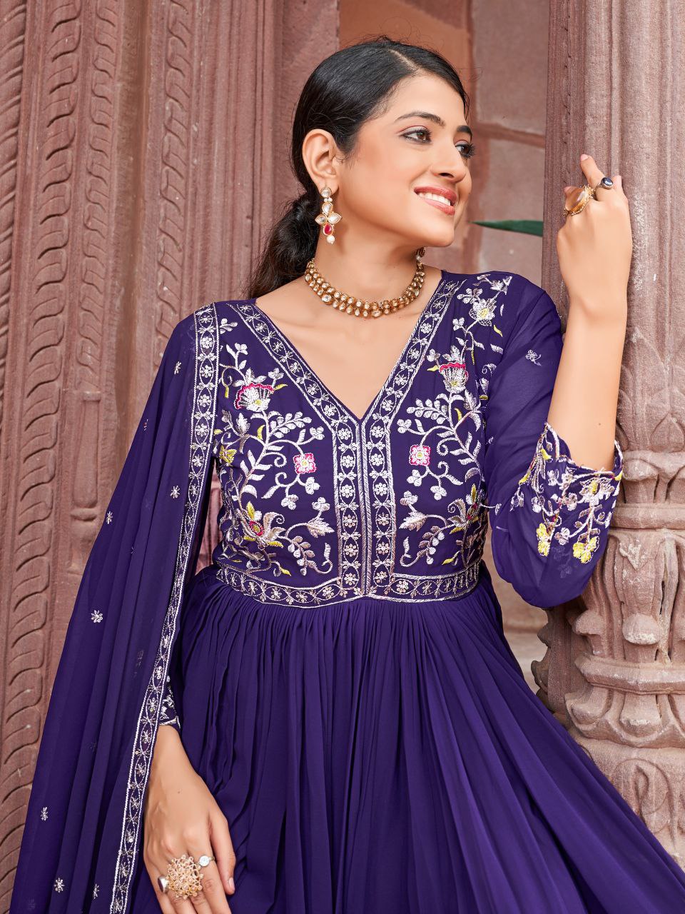Premium Designer Readymade Gown with Dupatta – Zari & Sequins Embroidery