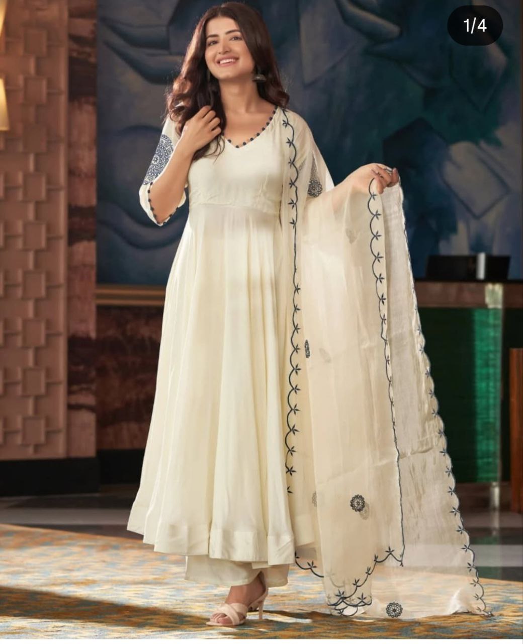 Rangrasa Blue Cream Embroidered Muslin Silk Suit Set