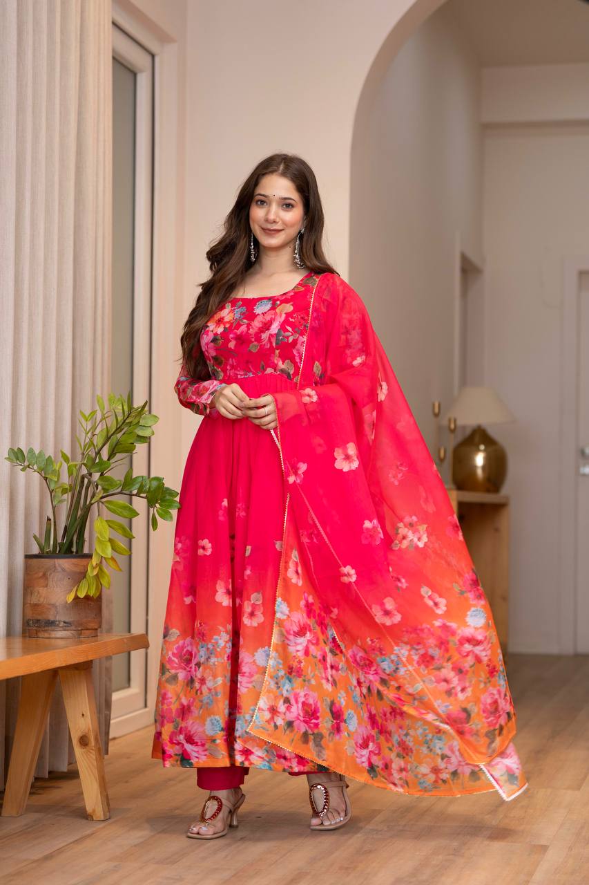 Women Floral Printed Tiered Kurta & Trousers With Dupatta