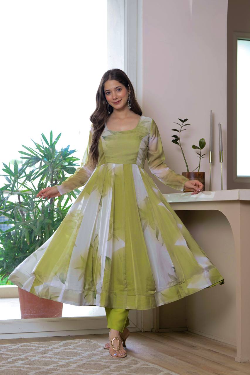 Floral Printed Anarkali Kurta With Trousers & Dupatta