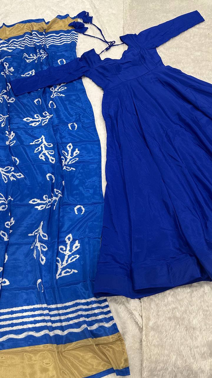 Blue Regal Chinon Silk Anarkali Gown with Digital Print Dupatta