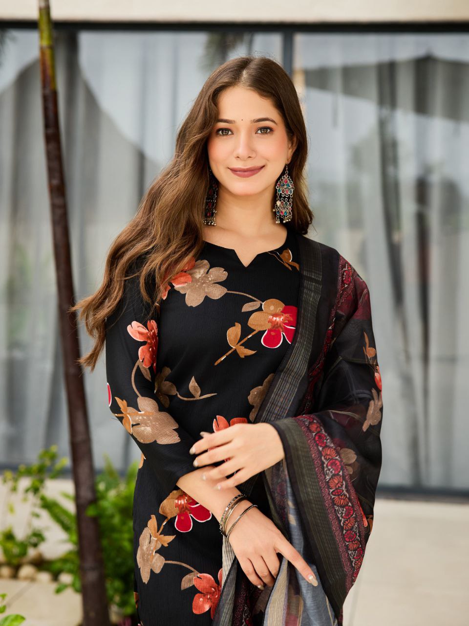 Women Silk Blend Embroidered Kurta with Trousers & With Dupatta Set