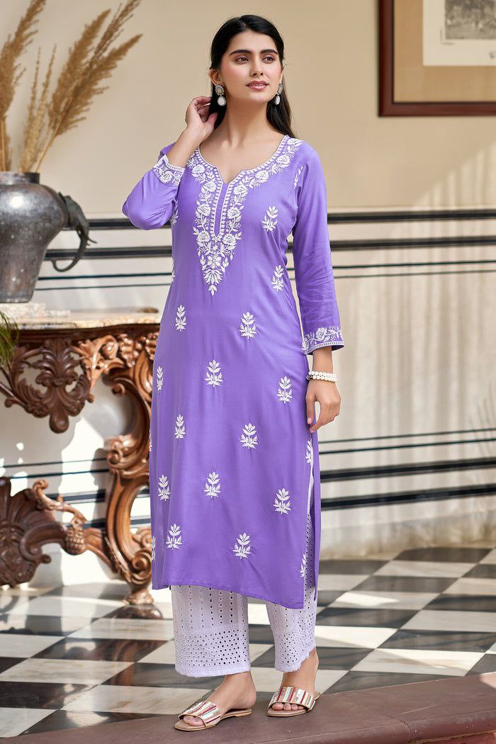 Women Lavender Ethnic Motifs Embroidered Round Neck Viscose Rayon Kurta & Trouser