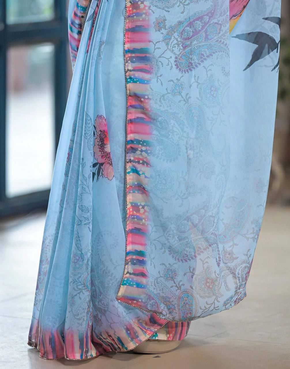Heavy Georgette Silk Printed Saree with Valmoti Work Border & Unstitched Blouse