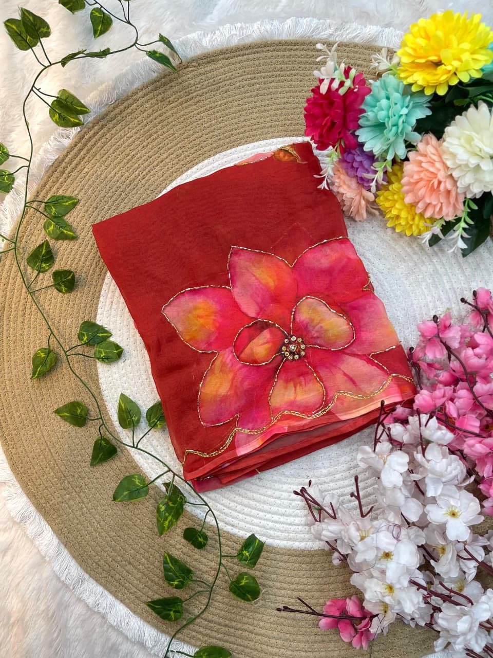 Soft Georgette Saree with Floral Print & Handwork Cutdana with Raw Silk Blouse