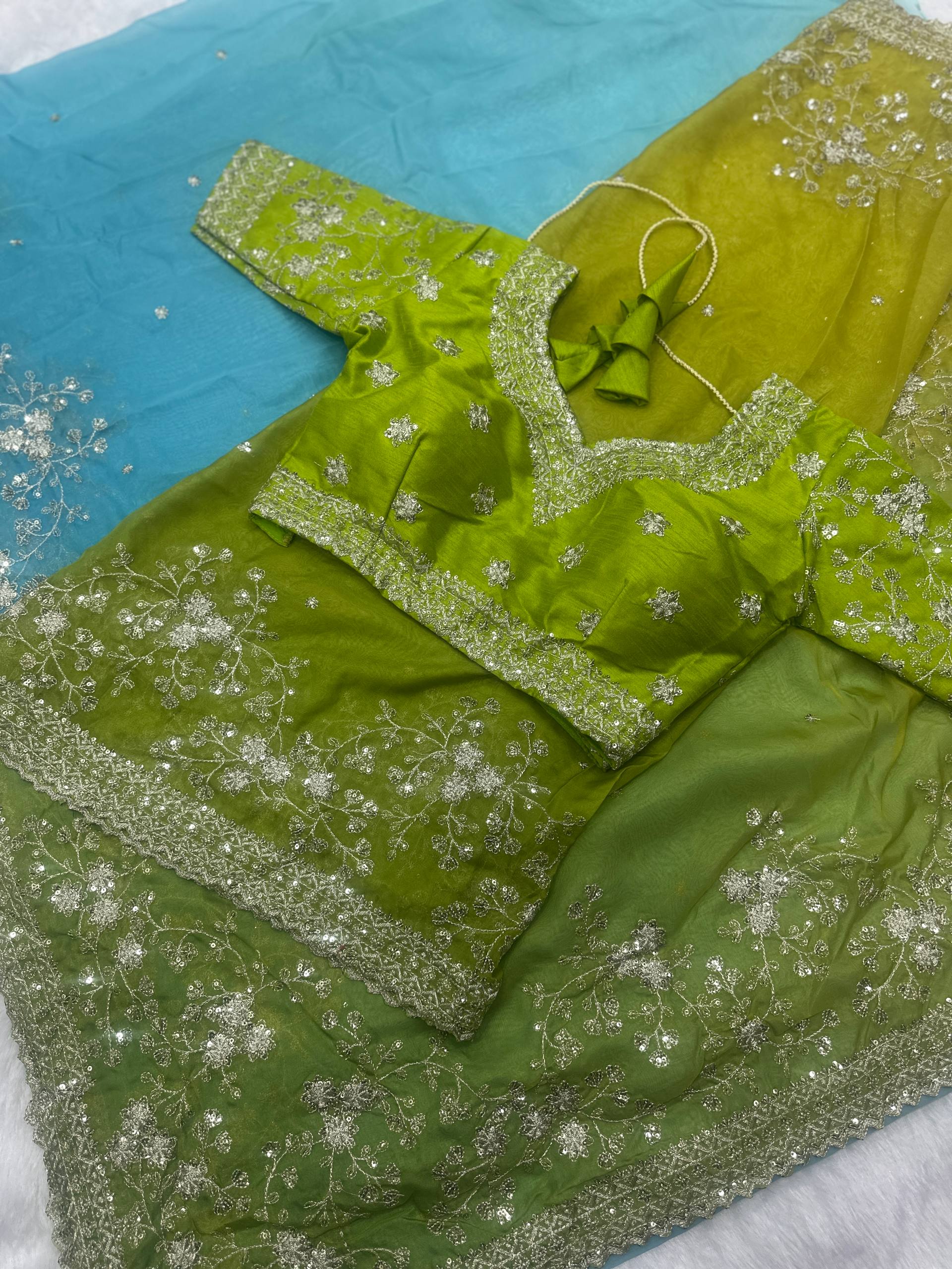 Tabby Organza Saree with Digital Print & Sequence Embroidery with Unstitched Blouse