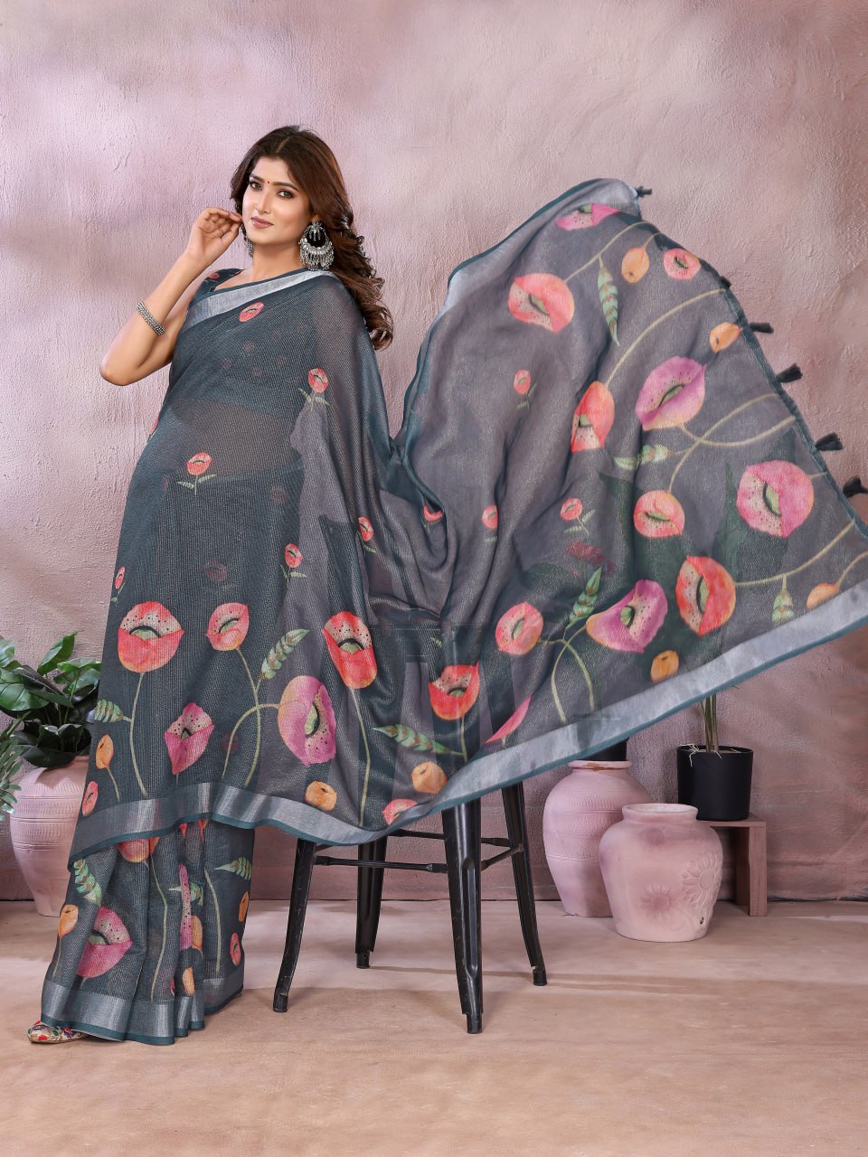 Black Linen Shimmer Saree with Printed Floral Design & Peach Tassel Border