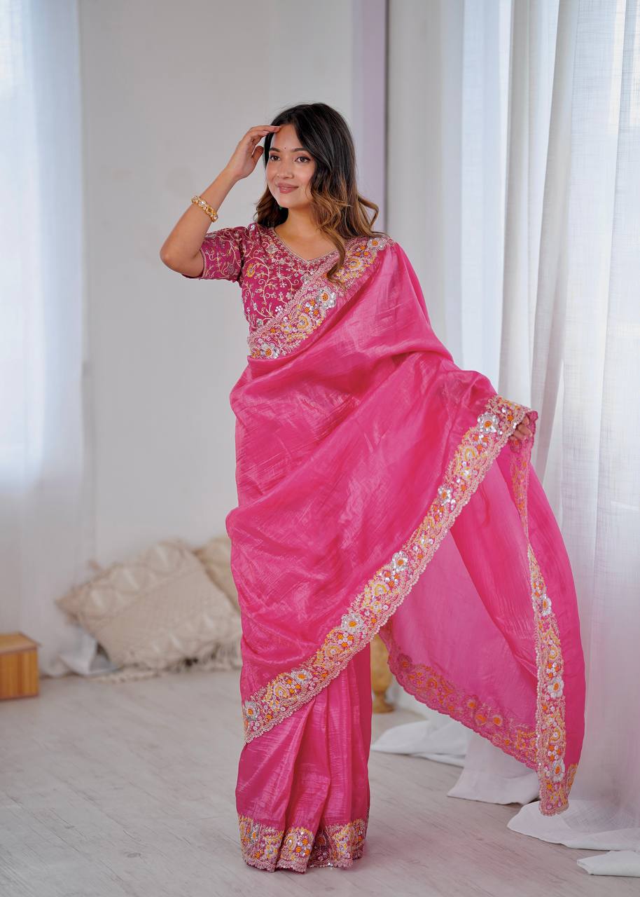 Premium Gold Crush Silk Saree with Heavy Embroidery & Sequins Work
