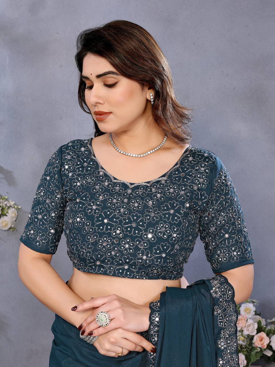 Soft Star Georgette Silk Saree with Mirror Hand Embroidery & Cutwork Border