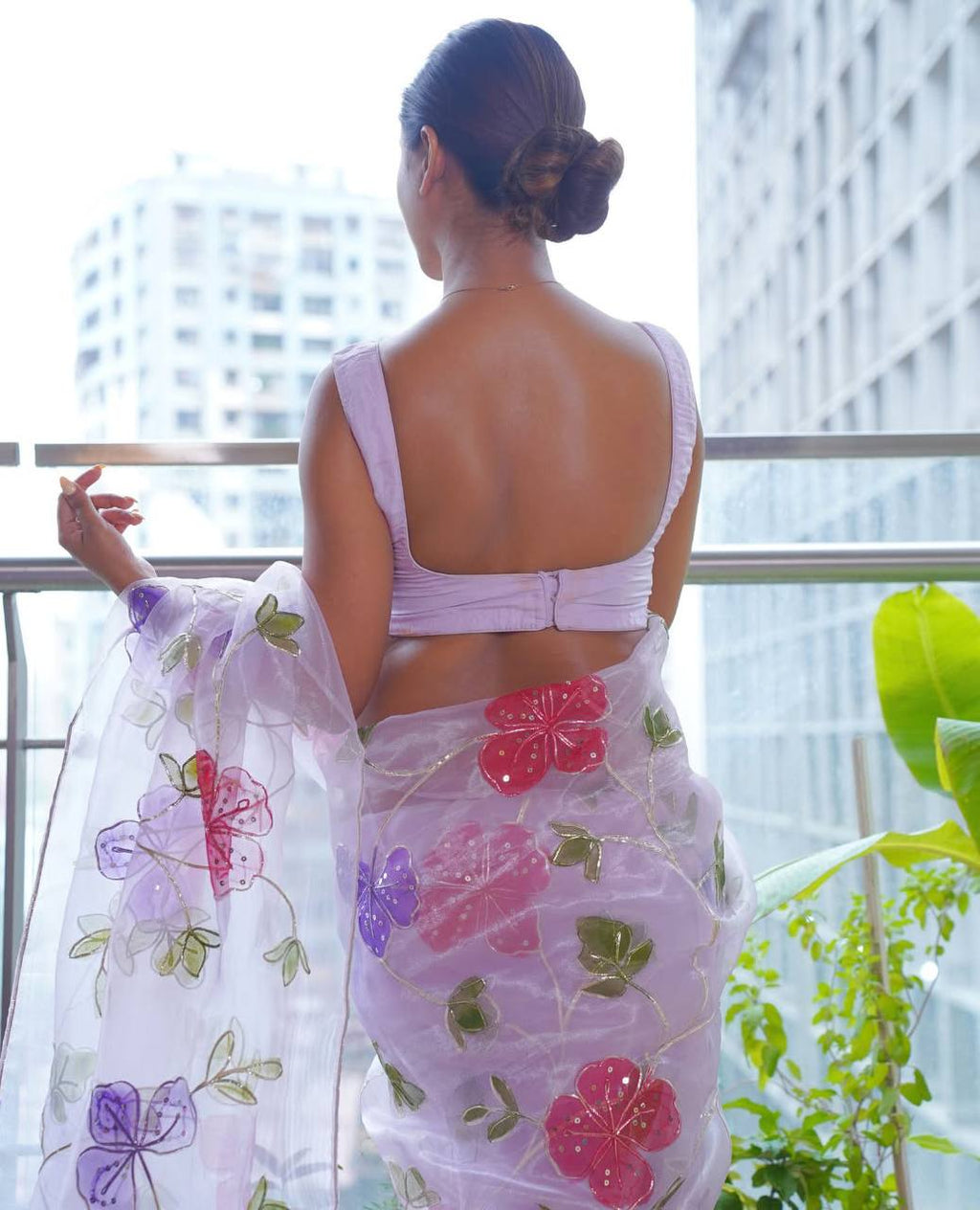 Lilac Floral Printed Organza Saree with Sequin Handwork and Silk Blouse