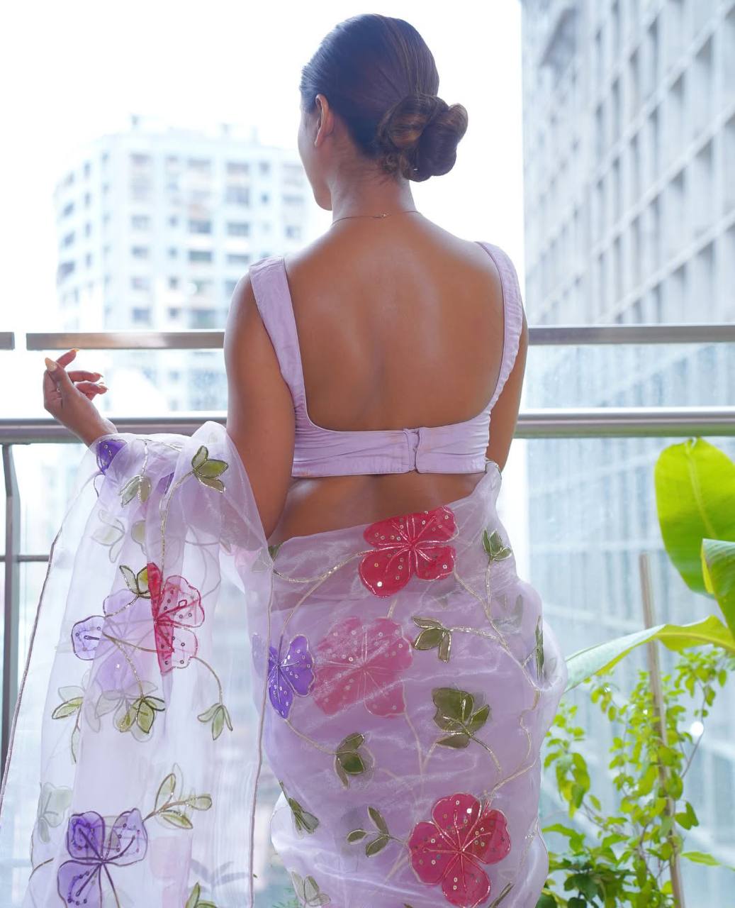 Lilac Floral Printed Organza Saree with Sequin Handwork and Silk Blouse