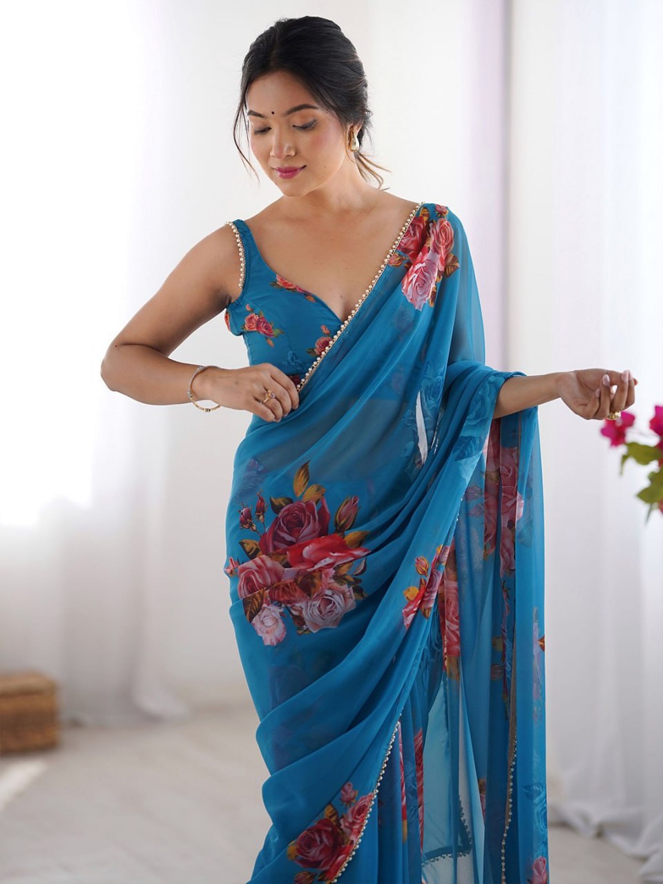 Light Blue Printed Georgette Saree with Moti Lace & Satin Patta Blouse