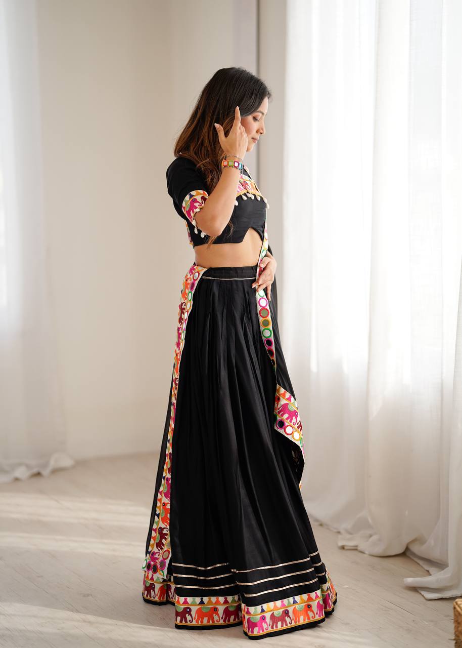 Black Heavy Rayon Lehenga with Gamthi, Real Mirror & Tassel Work