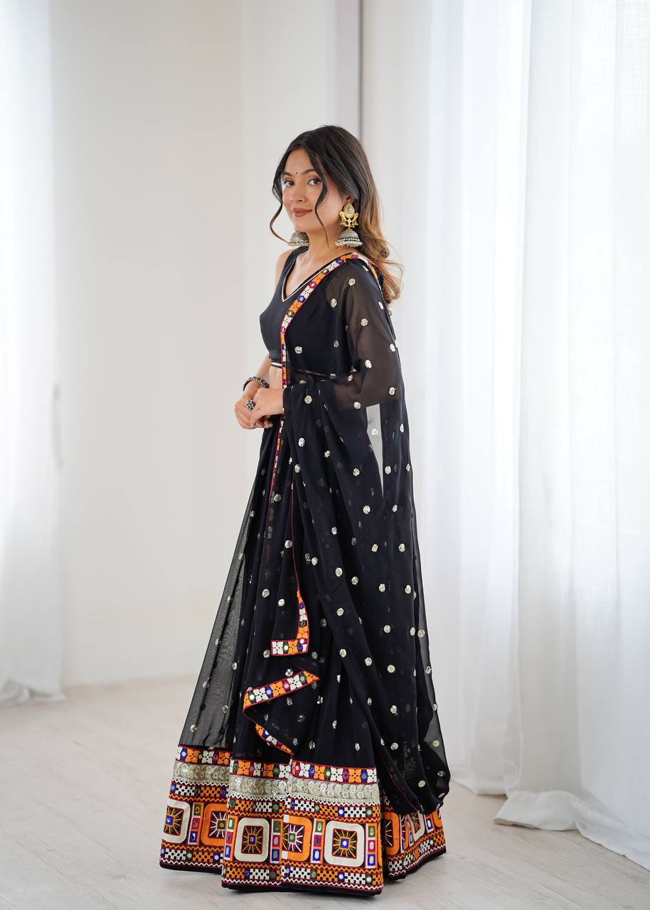 Black Designer Faux Georgette Lehenga Choli Set with Real Mirror & Chain Stitch Work