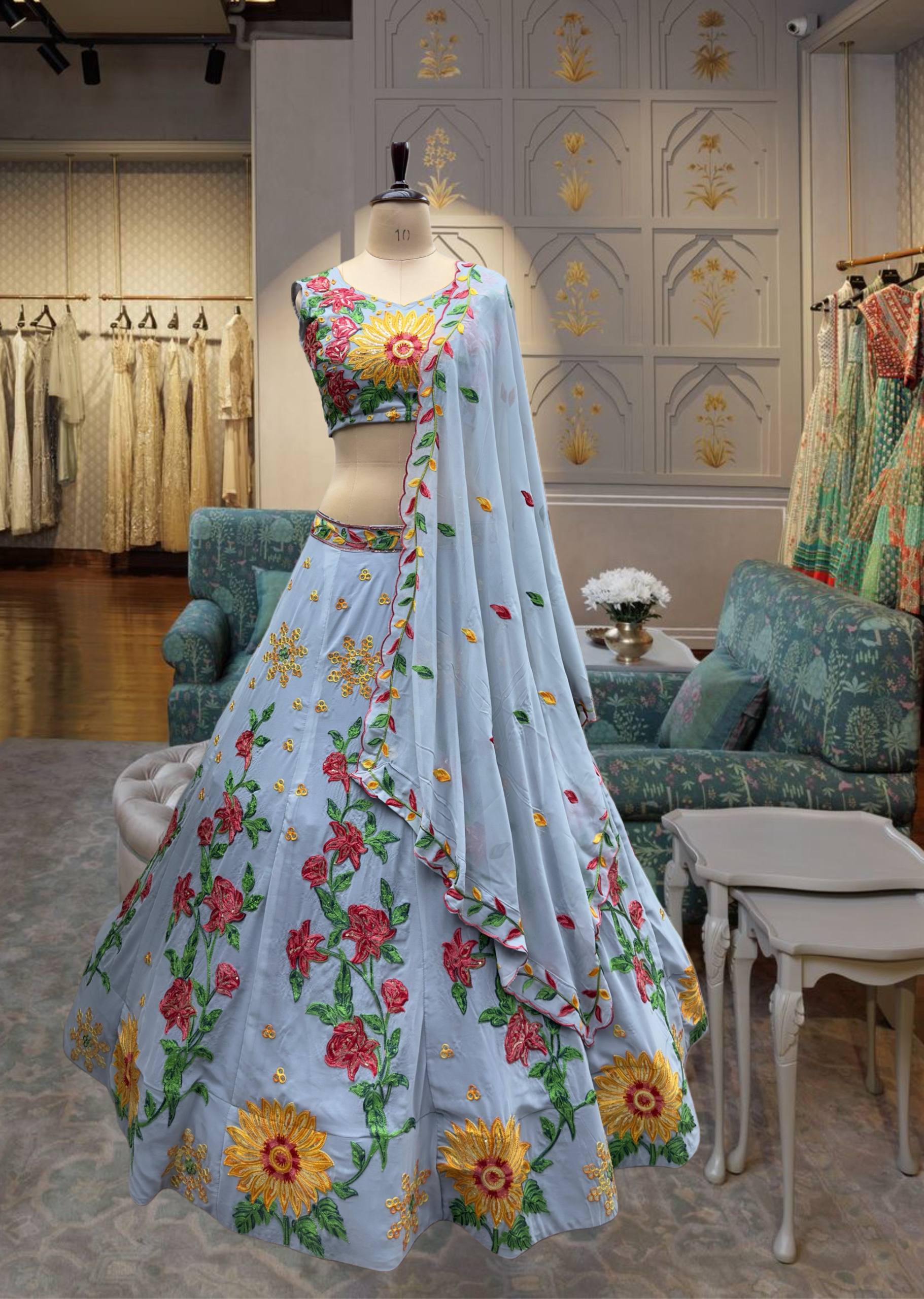 Light Blue Georgette Embroidery Bridal Lehenga