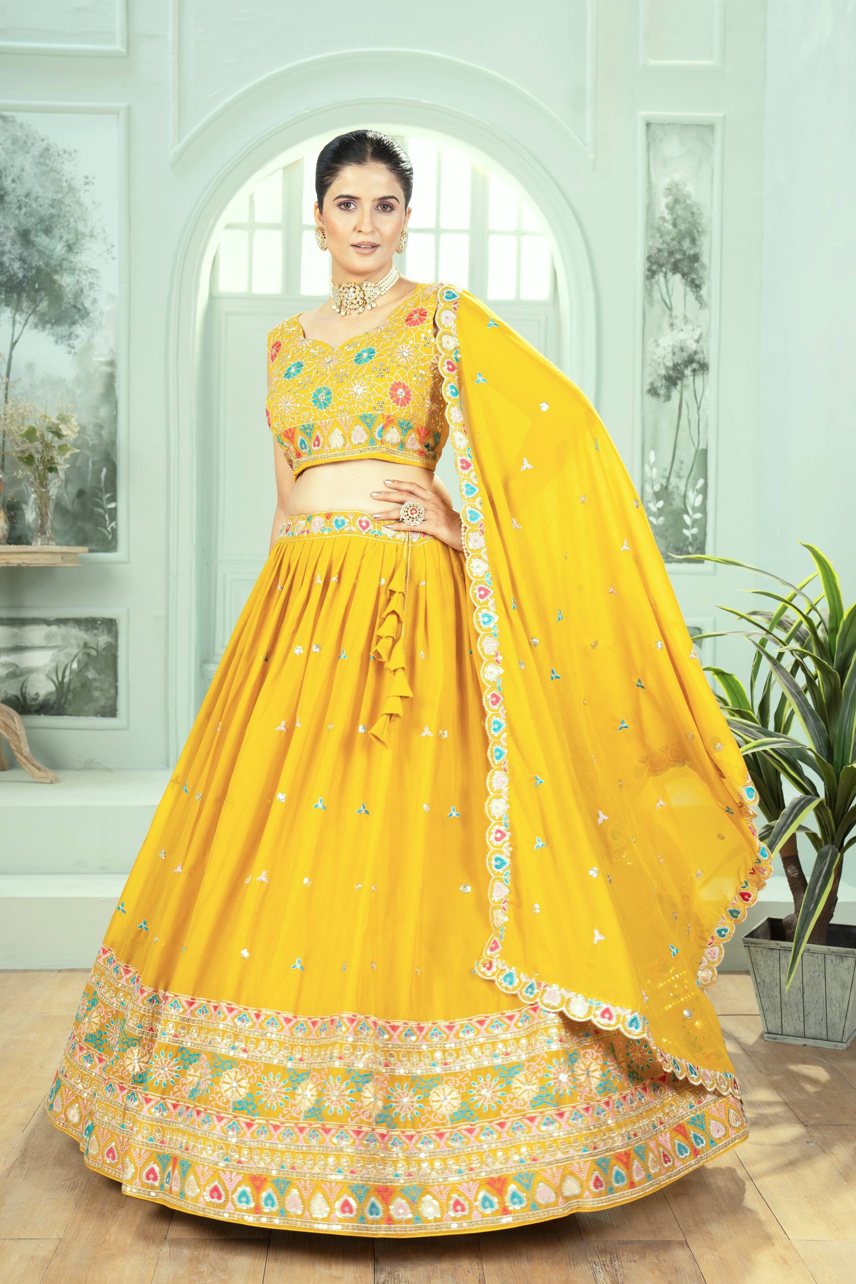 Haldi Special Yellow Color Georgette Embroidery Sequence Work Designer Lehenga Choli