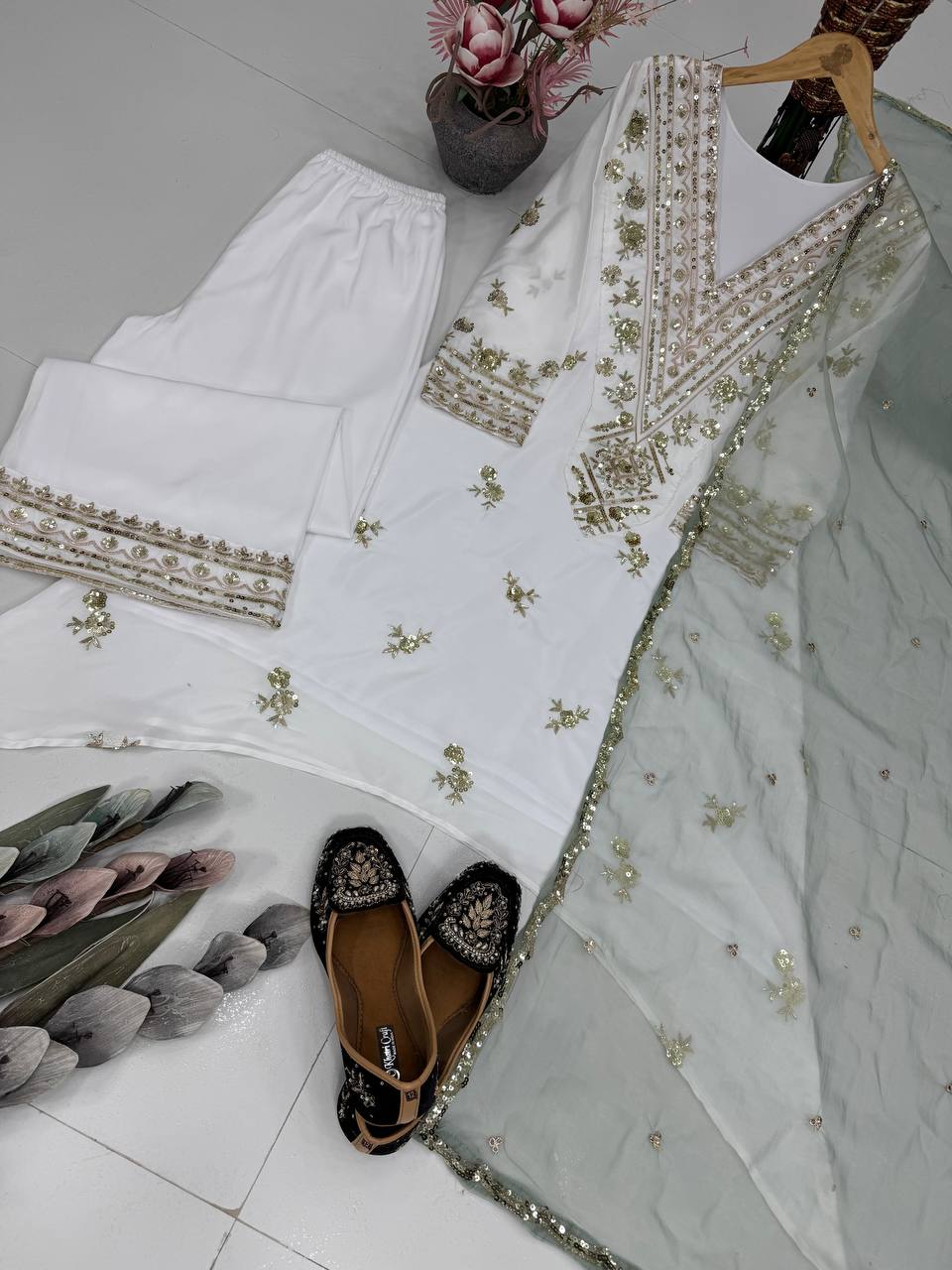 Designer Heavy Natural Silk Embroidered Salwar Suit with Dupatta – Sequence Work
