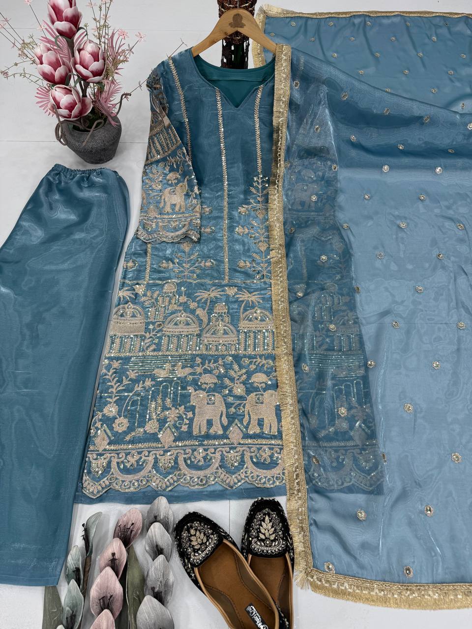 Designer Heavy Jimmy Choo Organza Suit Set with Dupatta – Chine Sequence Work