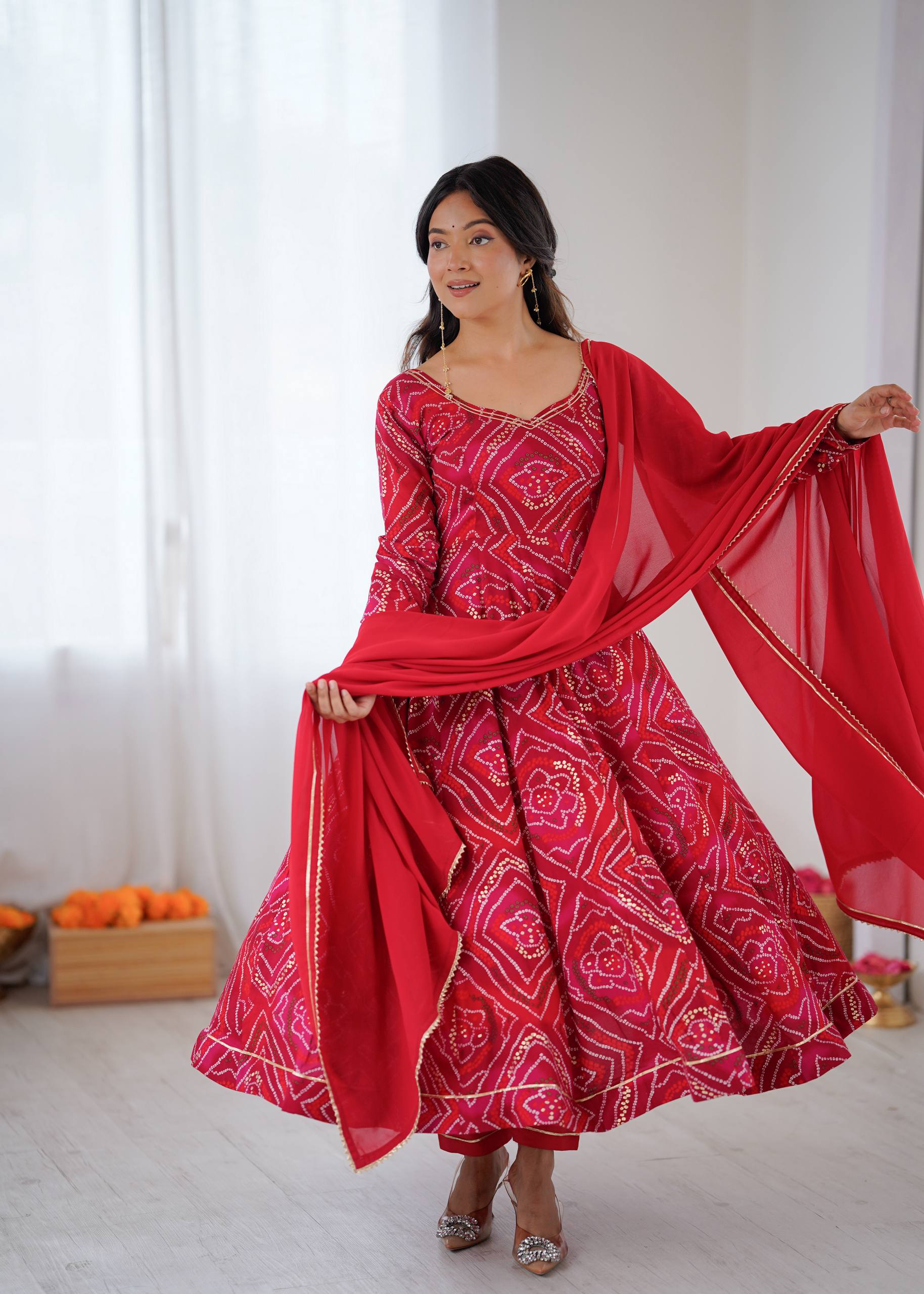 Bandhani Printed Sweetheart Neck Anarkali Kurta With Trousers & Dupatta