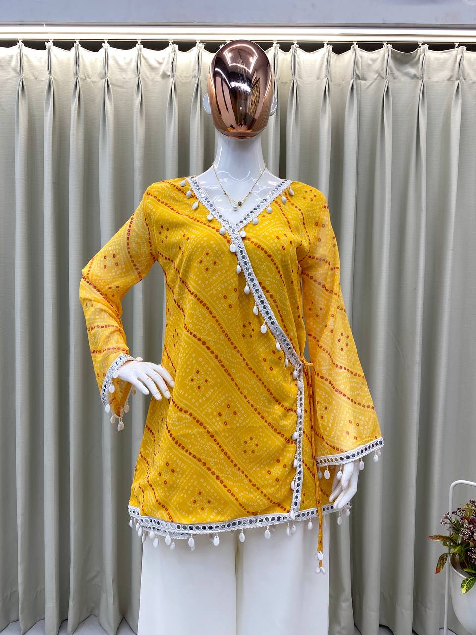 Bandhani Printed V Neck Angrakha Tunic with Solid Sharara