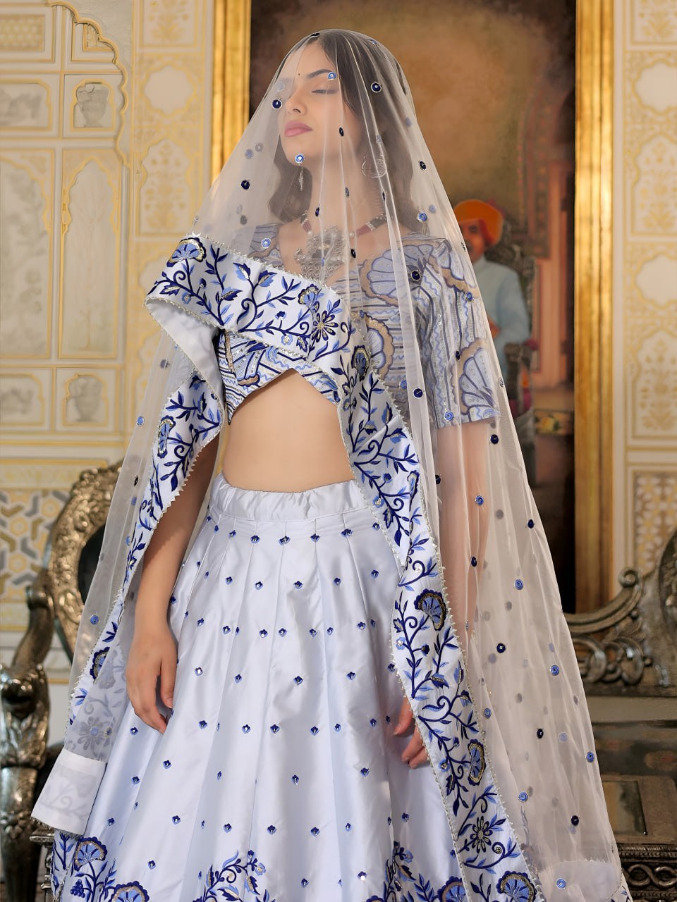 White and Blue Heritage Lehenga Set