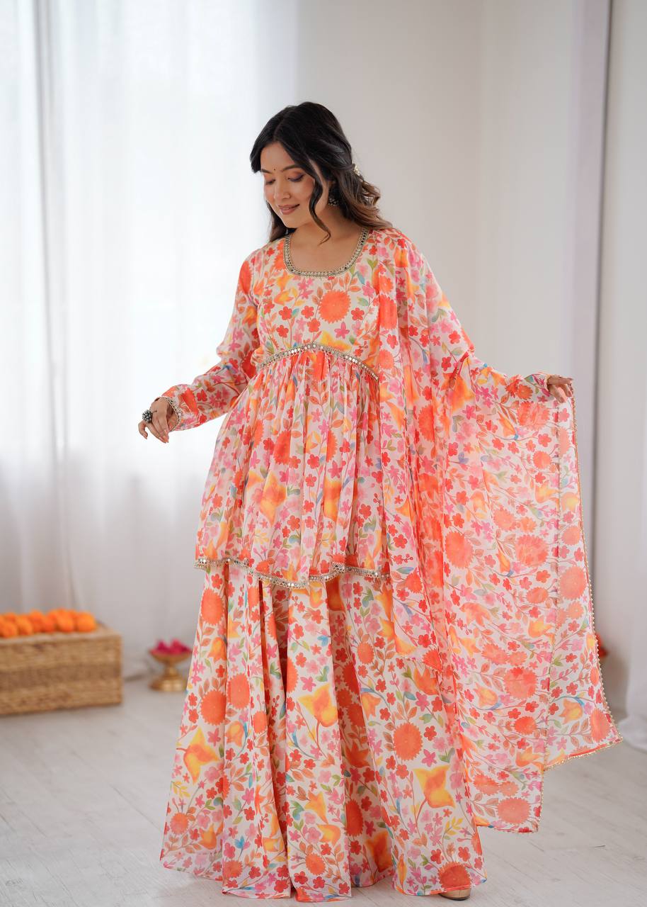 Designer Taby Organza Kediya Kurta Set with Palazzo & Dupatta – Floral Print & Mirror Lace