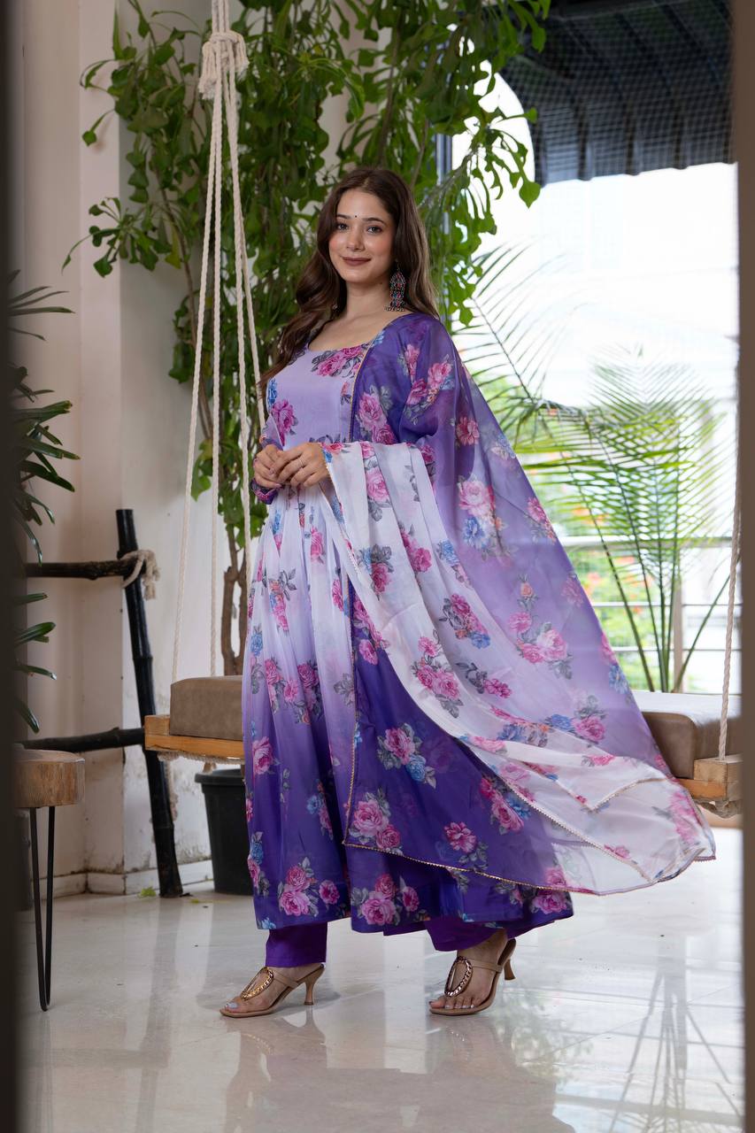 Designer Umbrella Suit Set with Dupatta & Pant – Lightweight Organza Floral Print