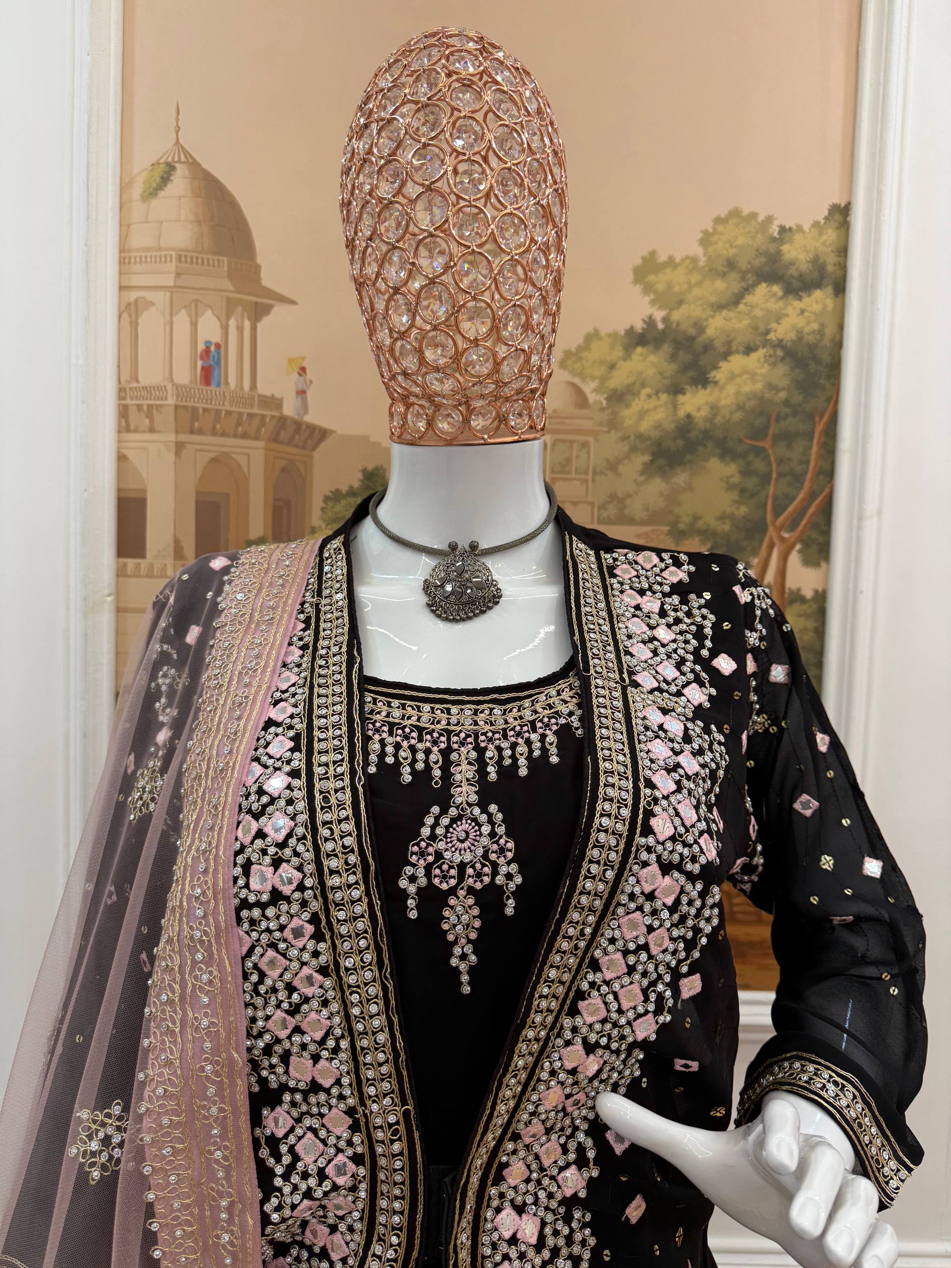 Designer Faux Georgette Gown, Koti & Dupatta Set – Embroidery & Crystal Stone Work