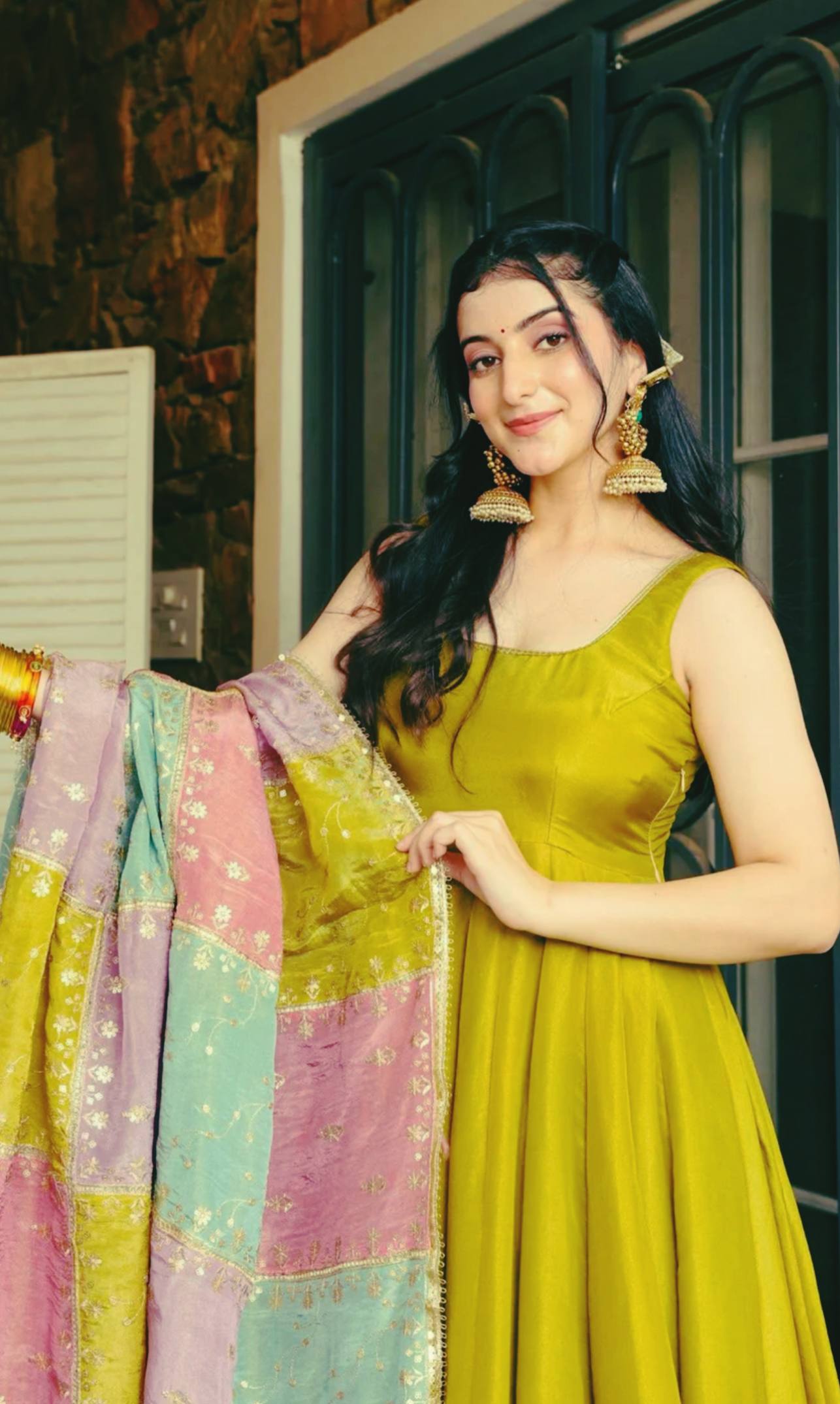 Designer Mehndi Color Roman Simmer Silk Top, Plazzo & Dupatta Set – Embroidery & Gota Lace Work