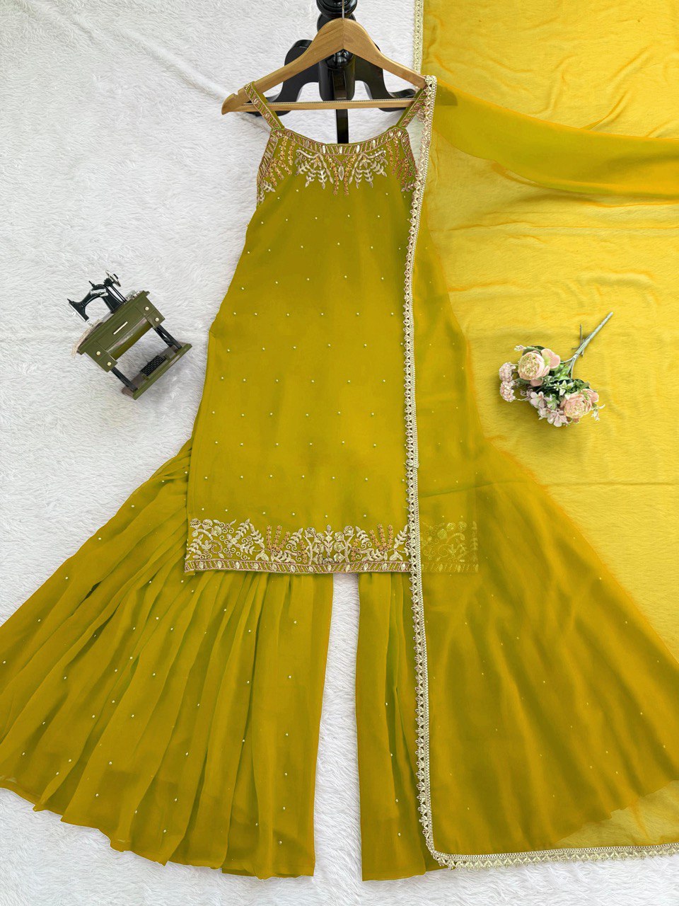 Green Georgette Sharara Set with Dupatta – Thread, Sequin & Pearl Work