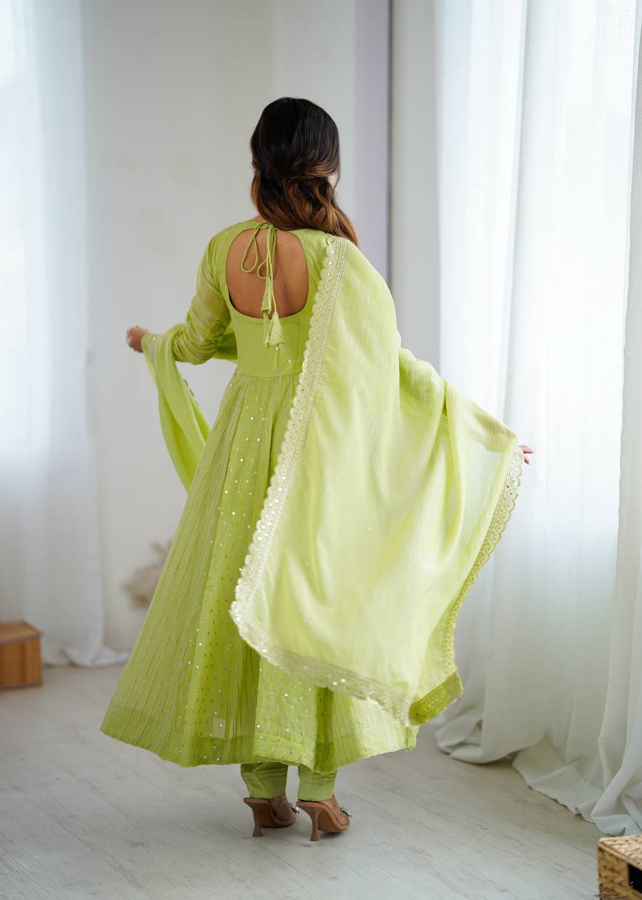 Designer Anarkali Gown Set with Pant & Dupatta – Crunchy Silk with Embroidery & Sequence Work