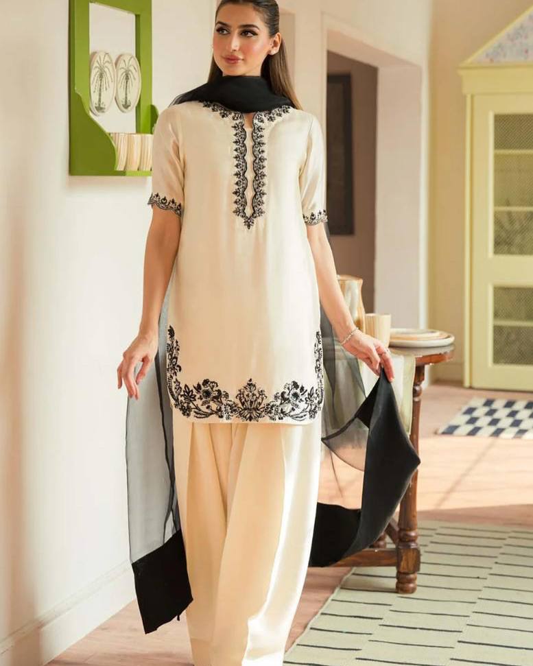 Designer Natural Crepe Top with Farshi Plazzo & Dupatta – Beads, Embroidery & Sequence Work