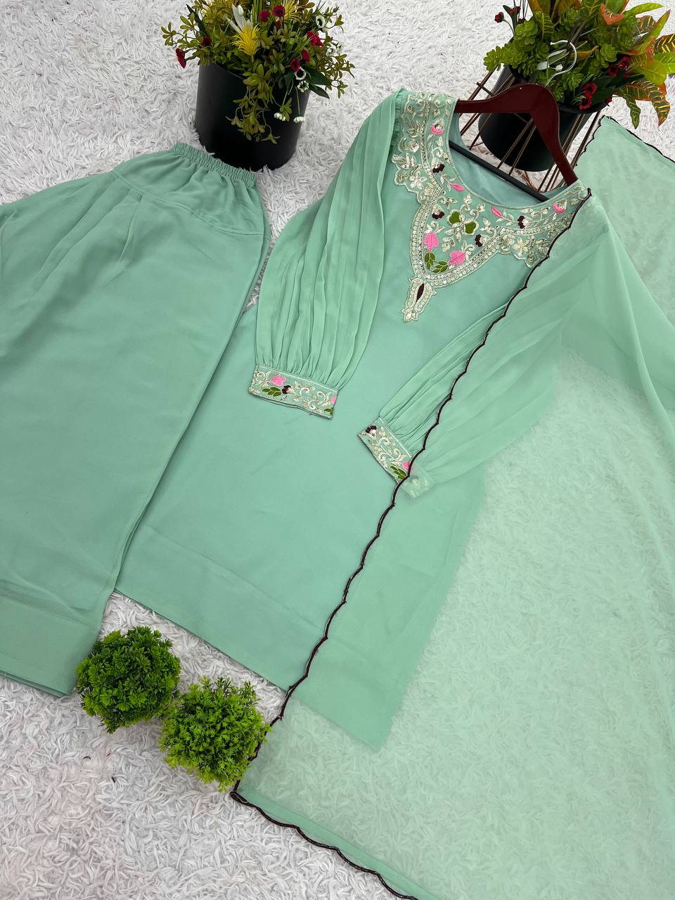 Designer Faux Georgette Top & Plazzo Set with Dupatta – Embroidery & Sequence Work
