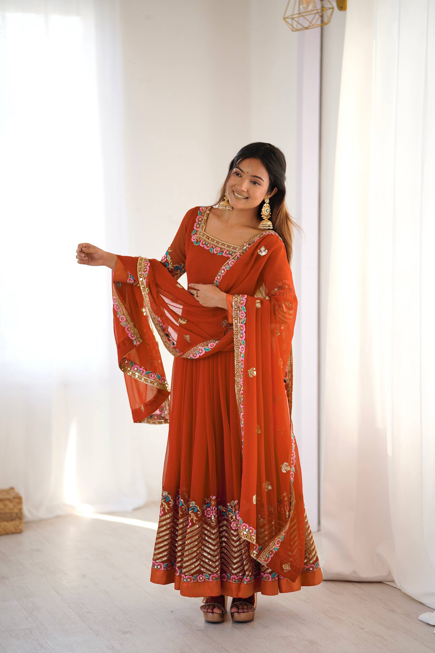 Designer Heavy Georgette Gown Set with Bottom & Dupatta – Multi Thread Embroidery & Sequence Work
