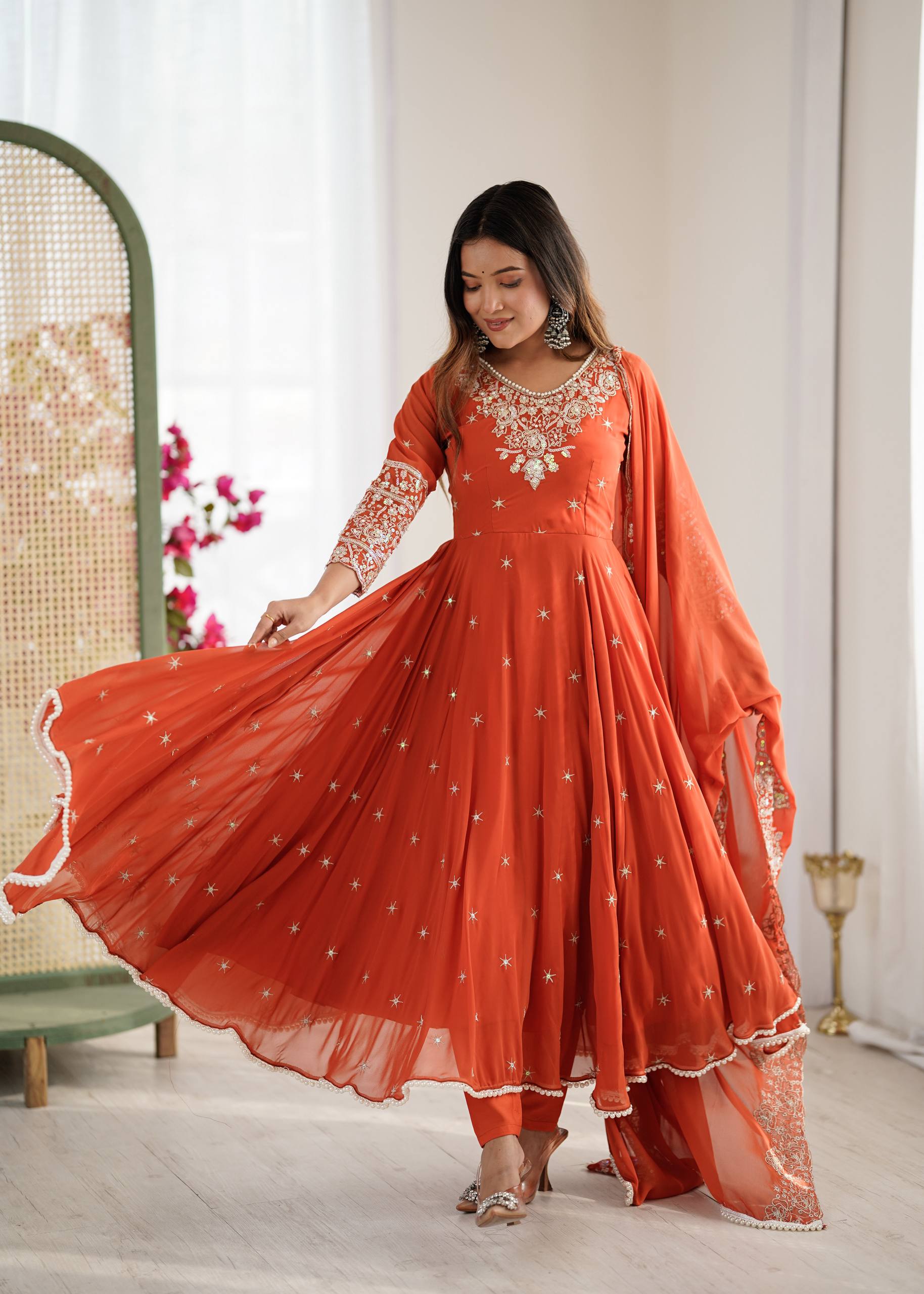 Anarkali Gown Set with Bottom & Dupatta – Heavy Embroidery, Rainbow Sequence & Moti Work