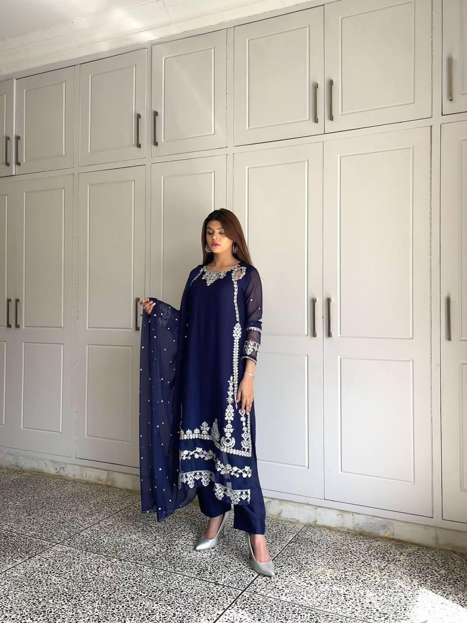 Designer Faux Georgette Top & Bottom Set with Dupatta – Heavy Embroidery & Sequence Work