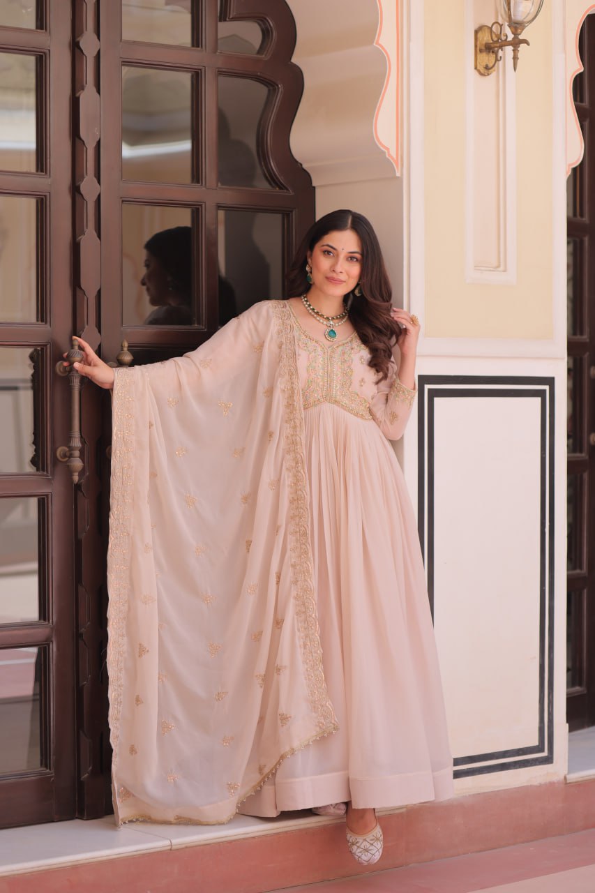 Cream Star Georgette Gown with Dupatta – Beads & Sequins Multi-Embroidery