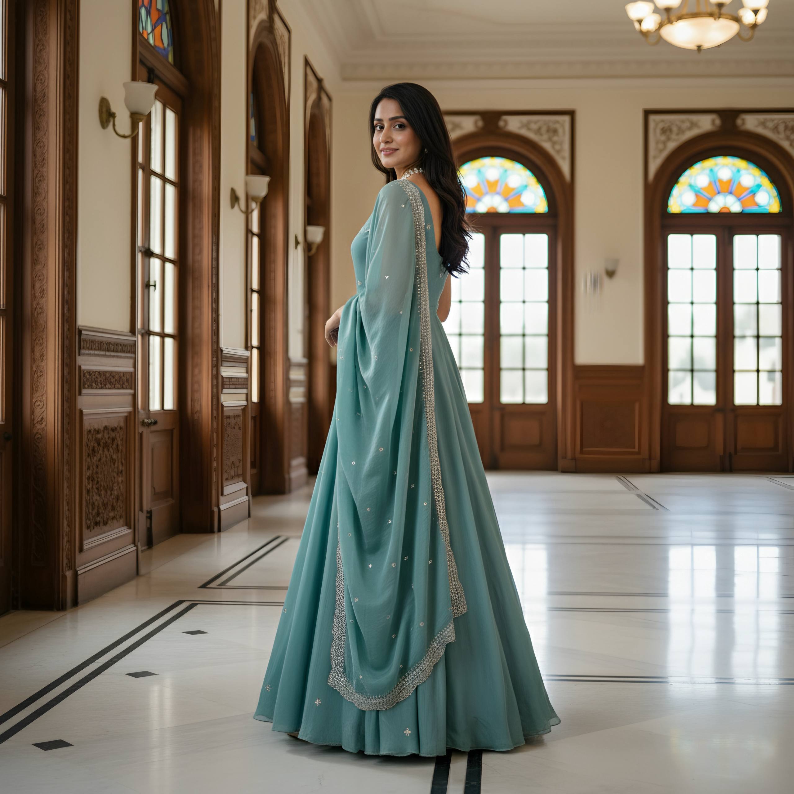 Modern Pastel Teal Anarkali Gown with Dupatta And Embroidery Work