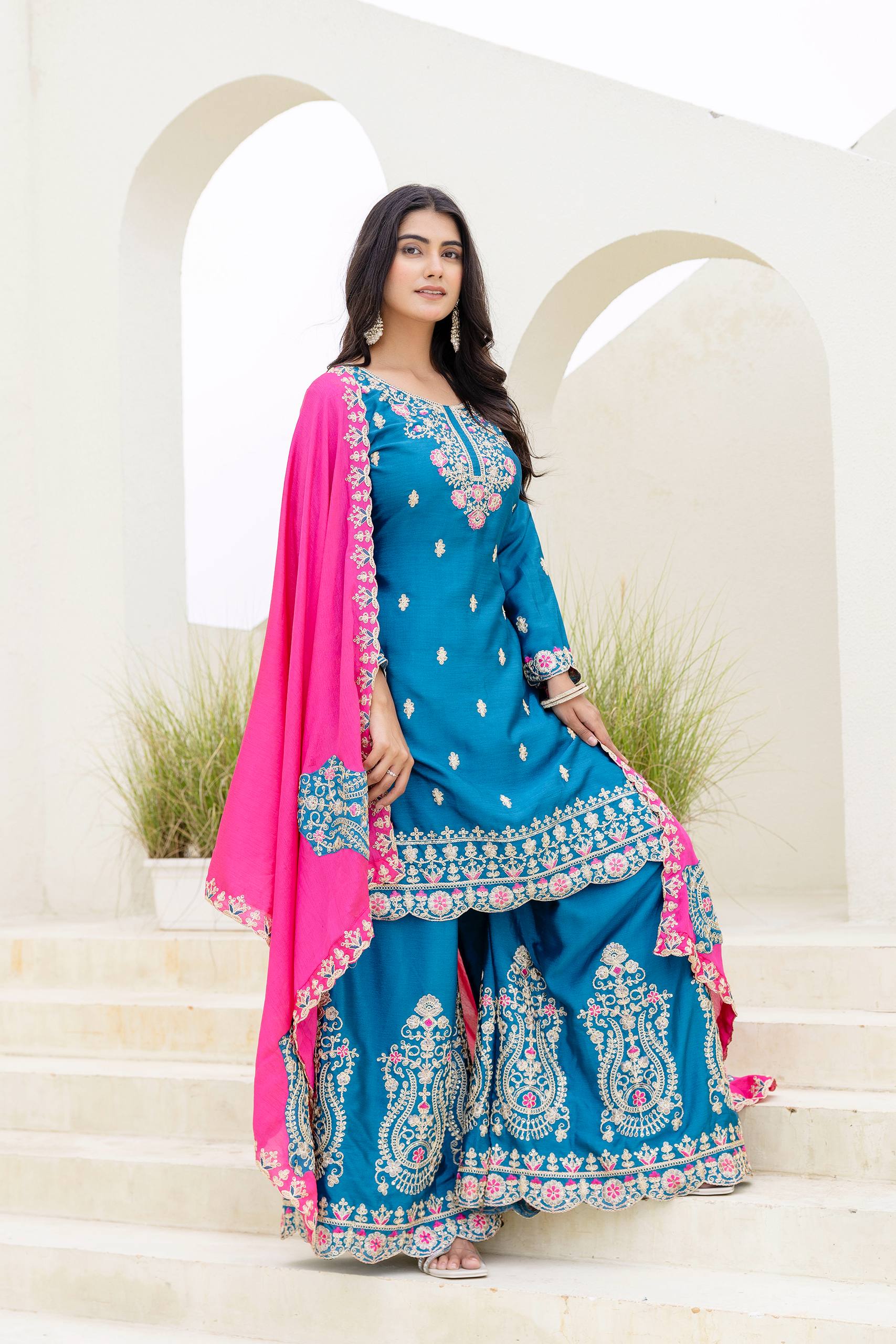 Women Ethnic Motifs Embroidered Kurta with Sharara & Dupatta